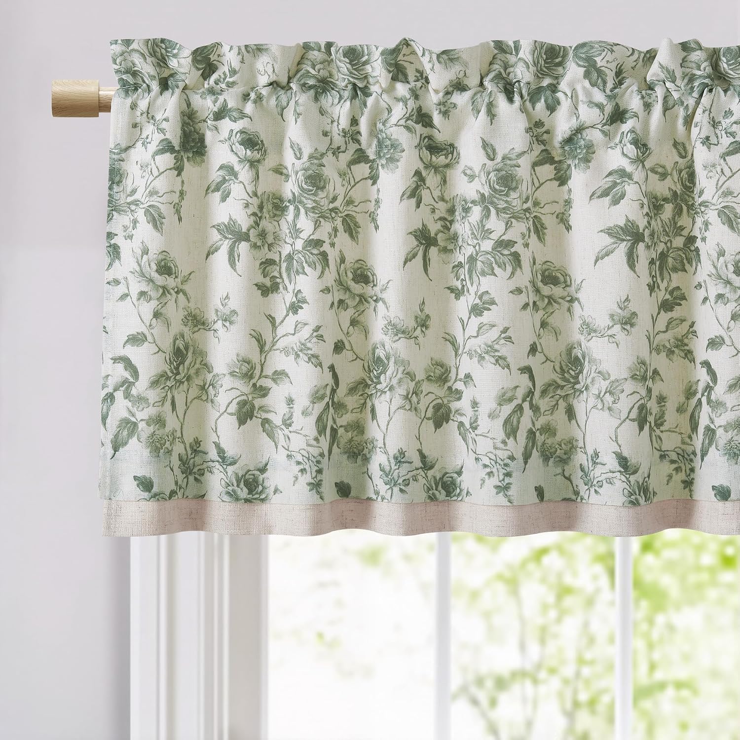 StangH Valance Curtains for Small Window,Flax Linen Floral Pattern Vintage Boho Rustic Traditional Interiors for Living Room/Bedroom/Cabinet/Bathroom/Glass Door,Sage Green,W52 x L18,1 Panel