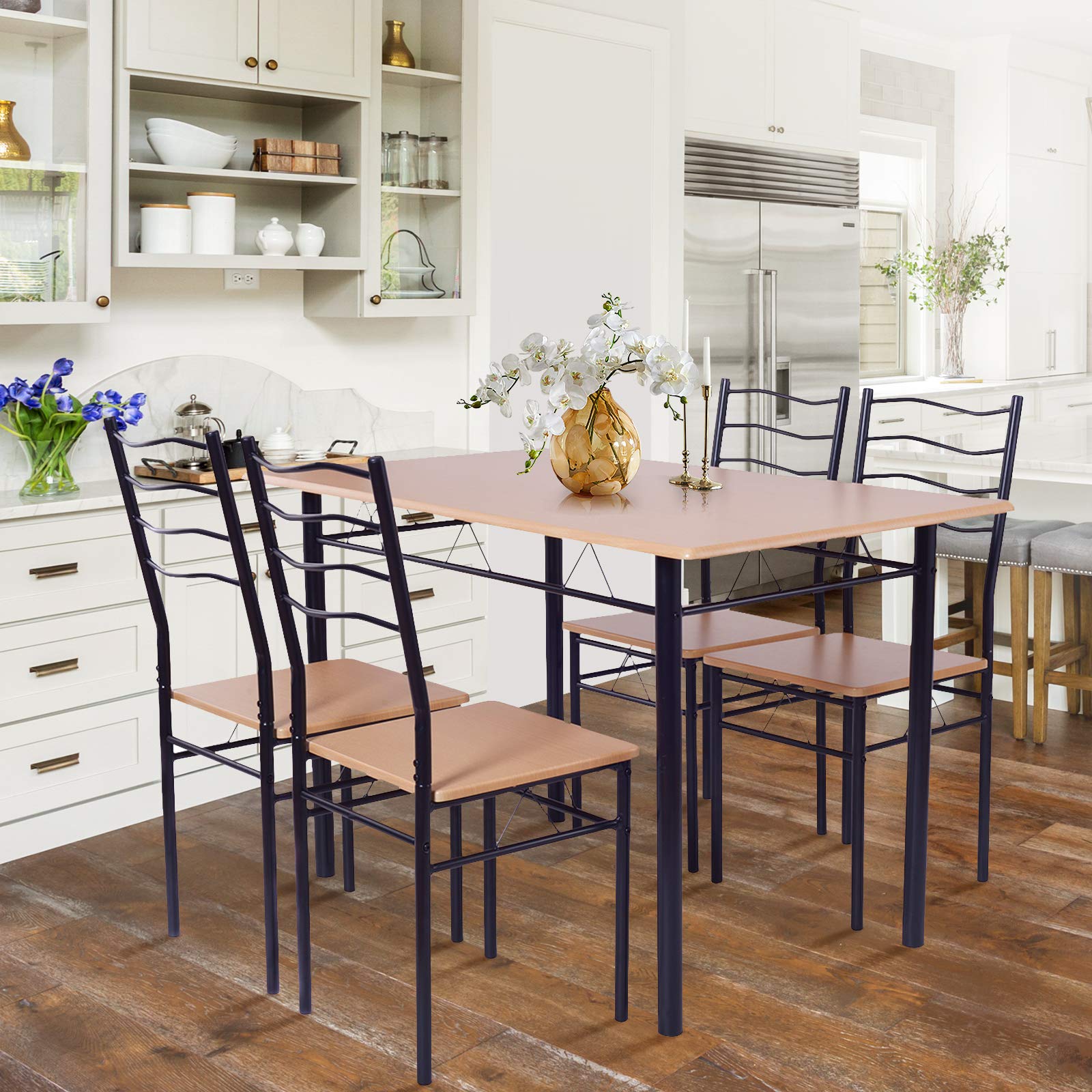 COSTWAY Table a Manger avec 4 Chaises Châssis Métal Contemporain, Ensemble 5 Pièces de Table de Salle à Manger pour Cuisine Salon, Montage Facile (Couleur hêtre)