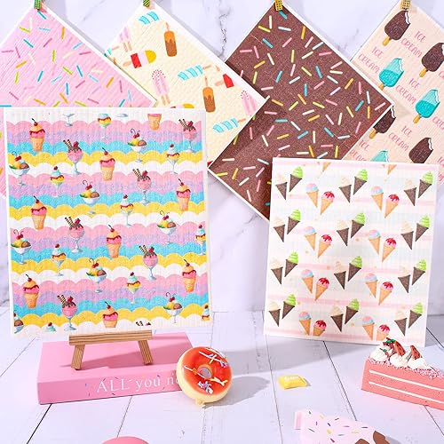 Miniatura 6 de Whaline 6 paños de cocina suecos con temática de helado colorido estampado de paletas de hielo, reutilizables, de algodón, absorbente, para verano,