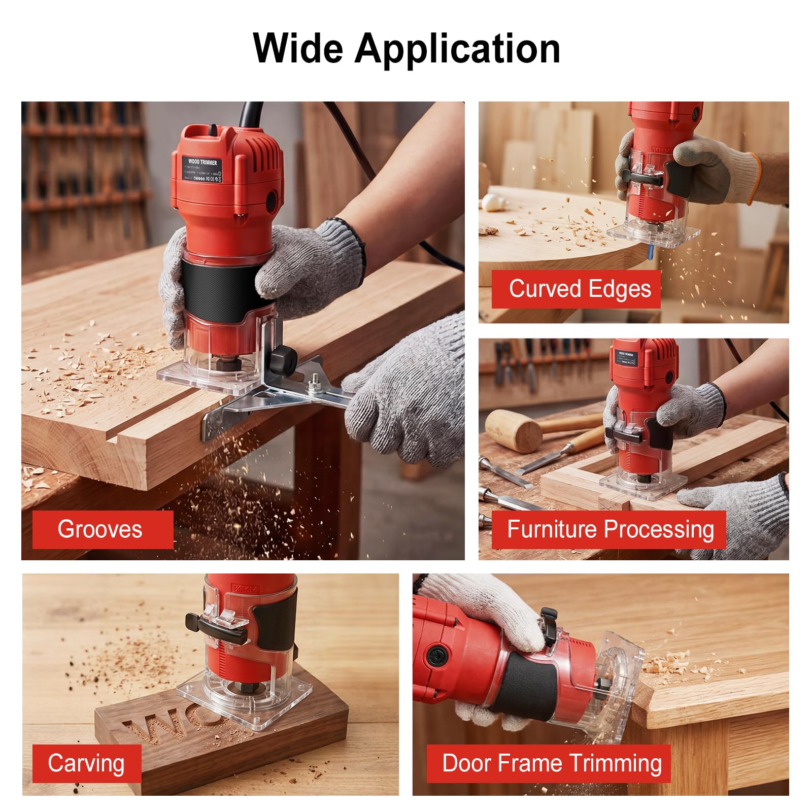Fresadora de Madera Rebajadora Eléctrica 800W 30000RPM, Fresadora de Mano con Juego de 15 Fresas de 1/4" (6,35mm) y Base Transparente, Herramienta de Carpintería para Bricolaje, Talla y Recorte