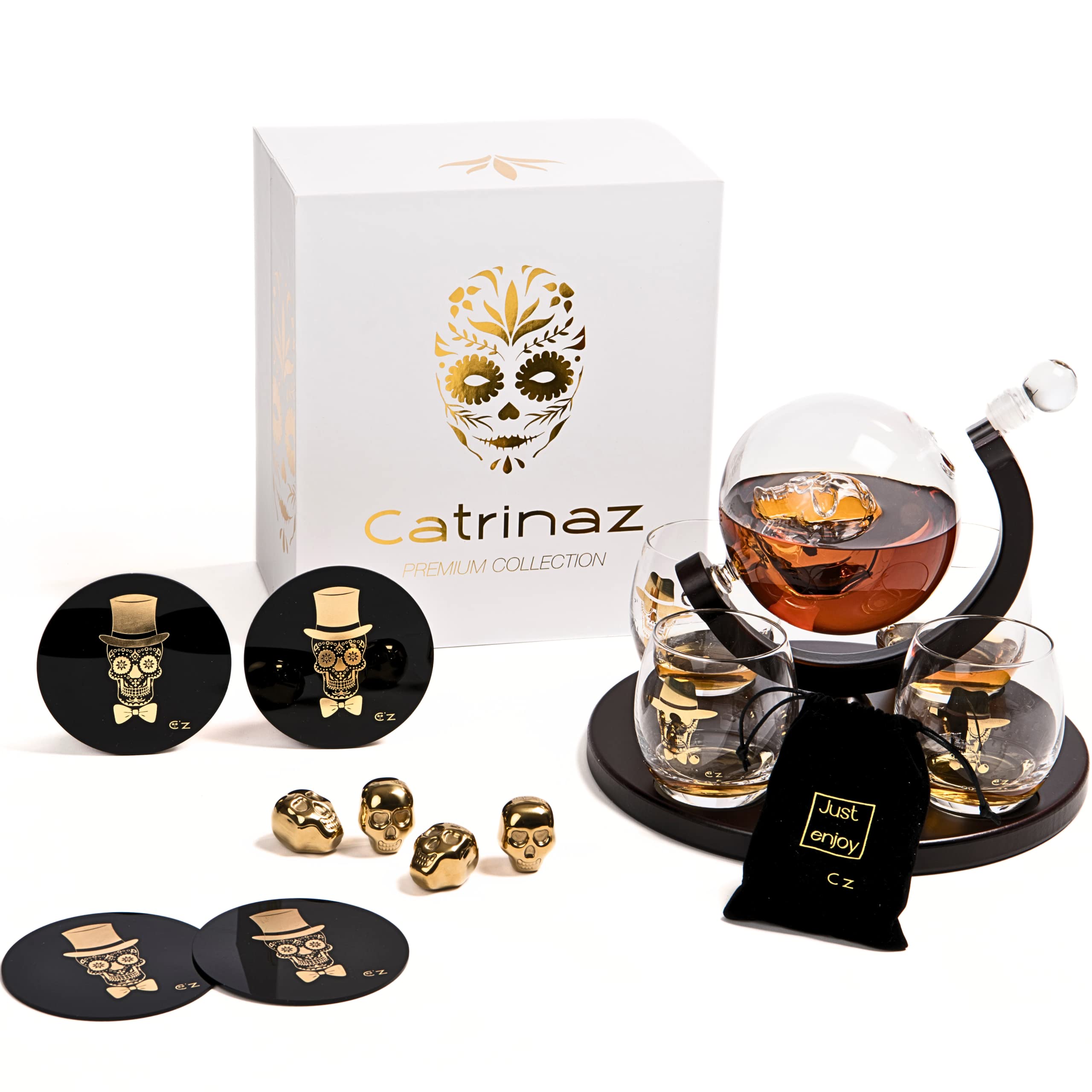 Jarra de whisky - Juego de decantador de whisky de lujo - 0,9 L - Incl. 4 piedras de whisky de calavera dorada - 4 vasos de whisky - 4 posavasos únicos - Regalo único