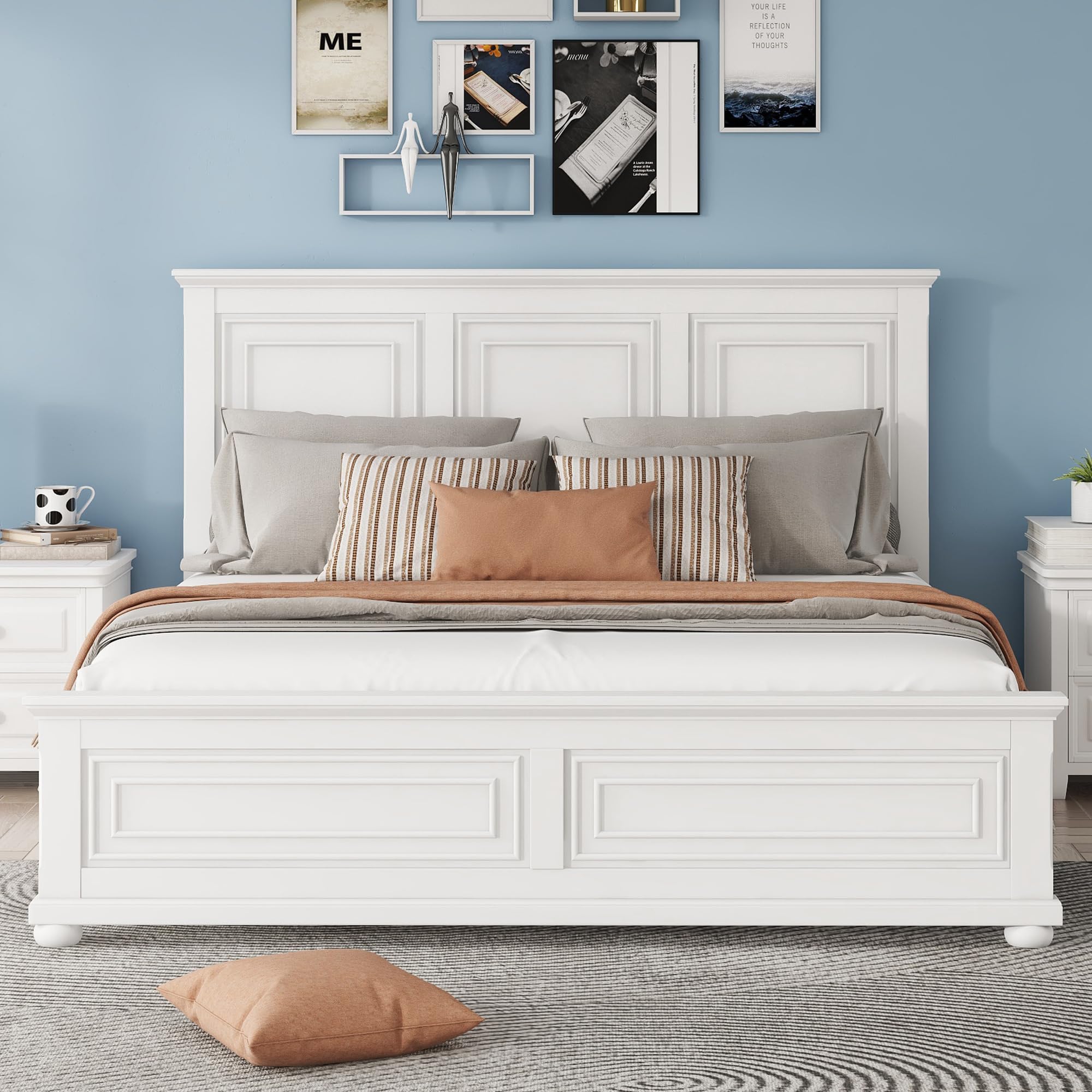 Farmhouse King Size Bed Frame with Tall Headboard & Footboard,Wooden King Bed Frame with Wood Panel Bed Base, No Squeak, No Box Spring Needed, White
