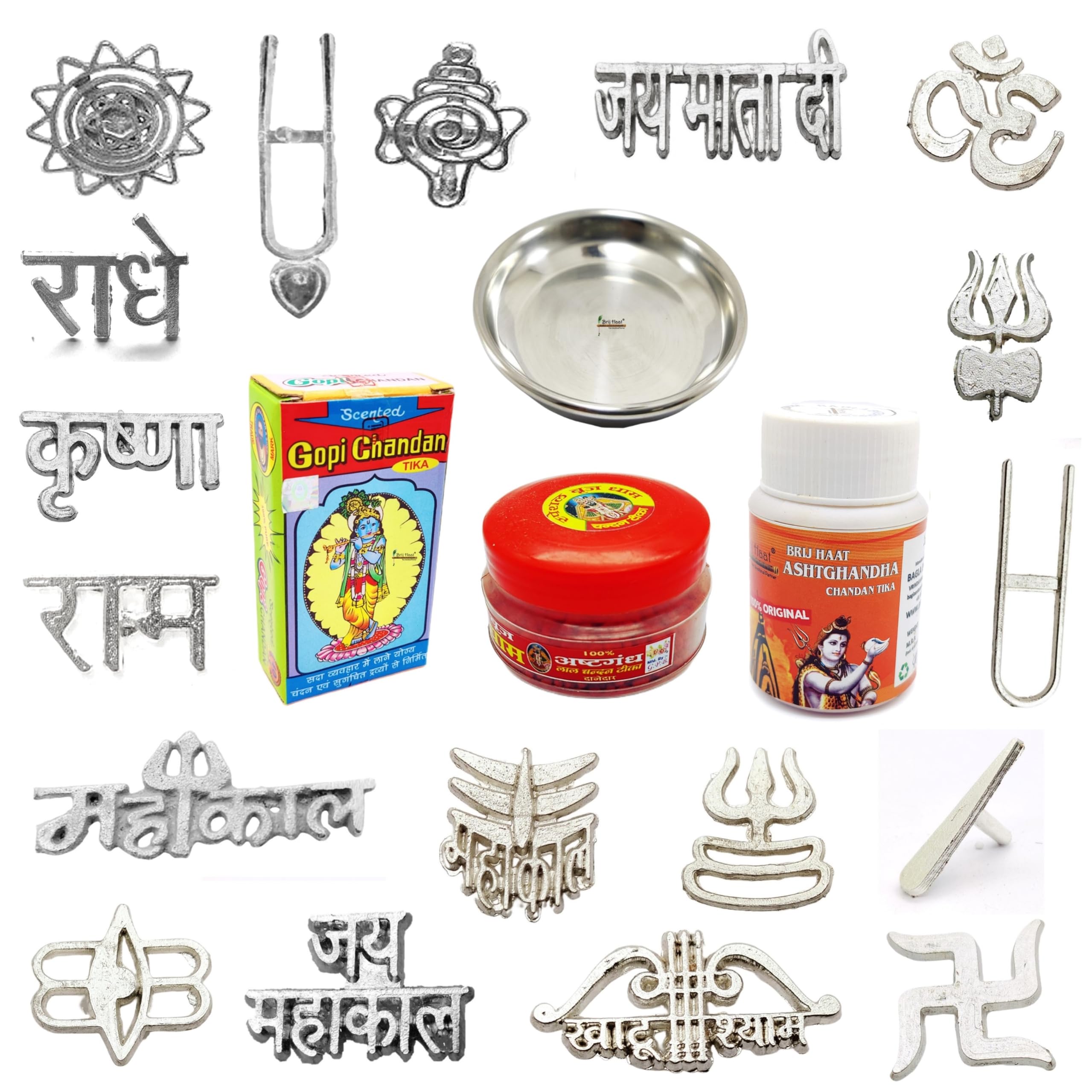 BRIJ HAAT Natural gopi Chandan | lal Chandan | ashtghandha Chandan Tilak with Plate and 18 Types tika Stamp Forehead Set of (22)