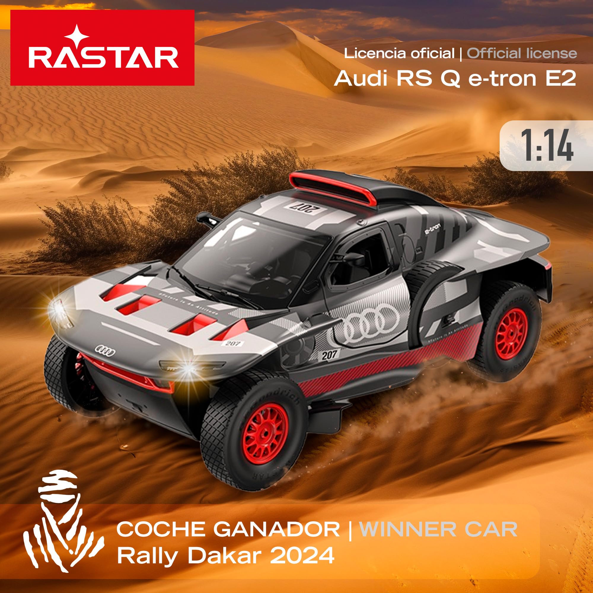 ColorBaby RASTAR Samochód zdalnie sterowany wyścig Audi RS Q e-Tron E2, Zwycięzca Rajd Dakar 2024 Carlos Sainz, Skala 1:14, Częstotliwość 2.4GHz, 6 kierunków, Wbudowane, Zdalne sterowanie samochodami
