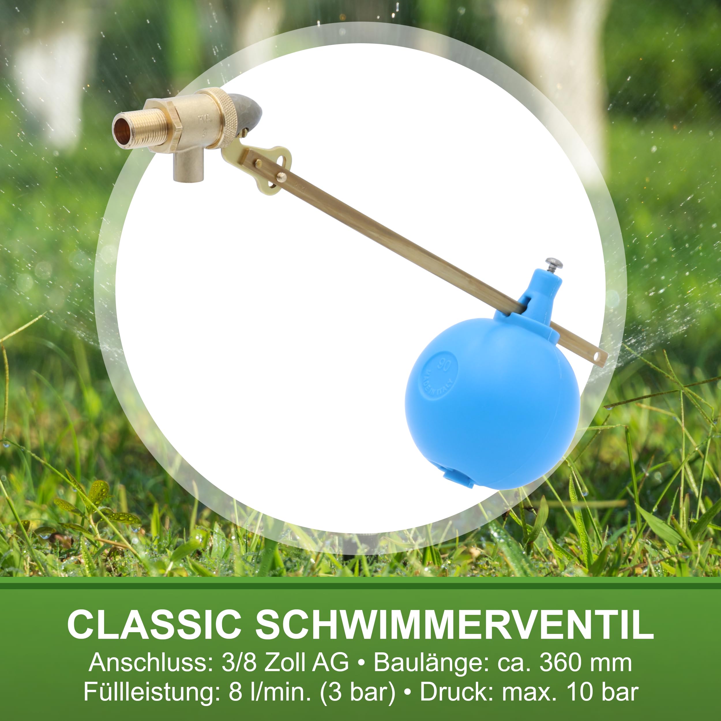 Classic Schwimmerventil 3/8 Zoll - Universalventil für Behälter und Spülkästen - Nachfüllventil für Tränketröge und Weidetränken - Messing Ventil mit Schwimmer