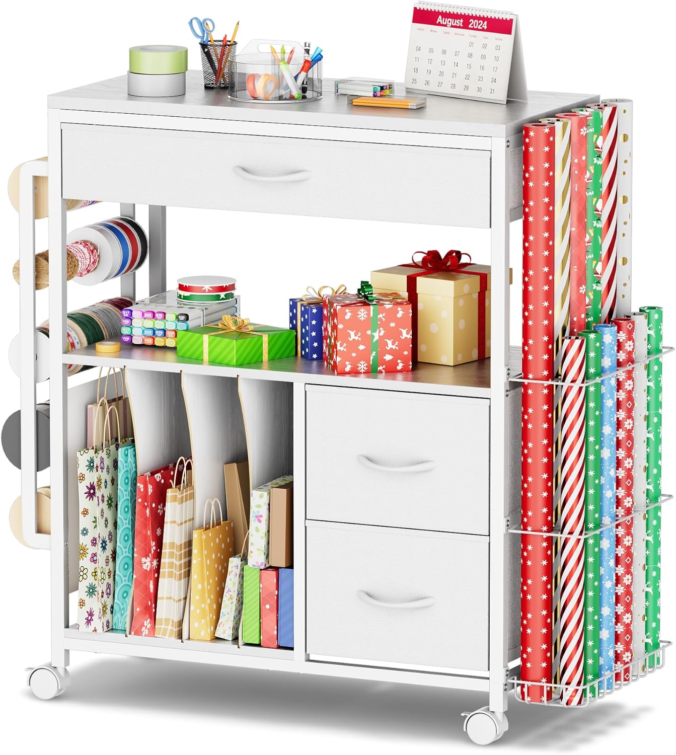 PUNLUXU Wrapping Paper Storage Cart, Rolling Gift Wrap Station with Ribbon and Gift Bag Storage, Wrapping Paper Organizer Holder, Craft Organizers and Storage, Craft Storage Cart 01 Patent Protected