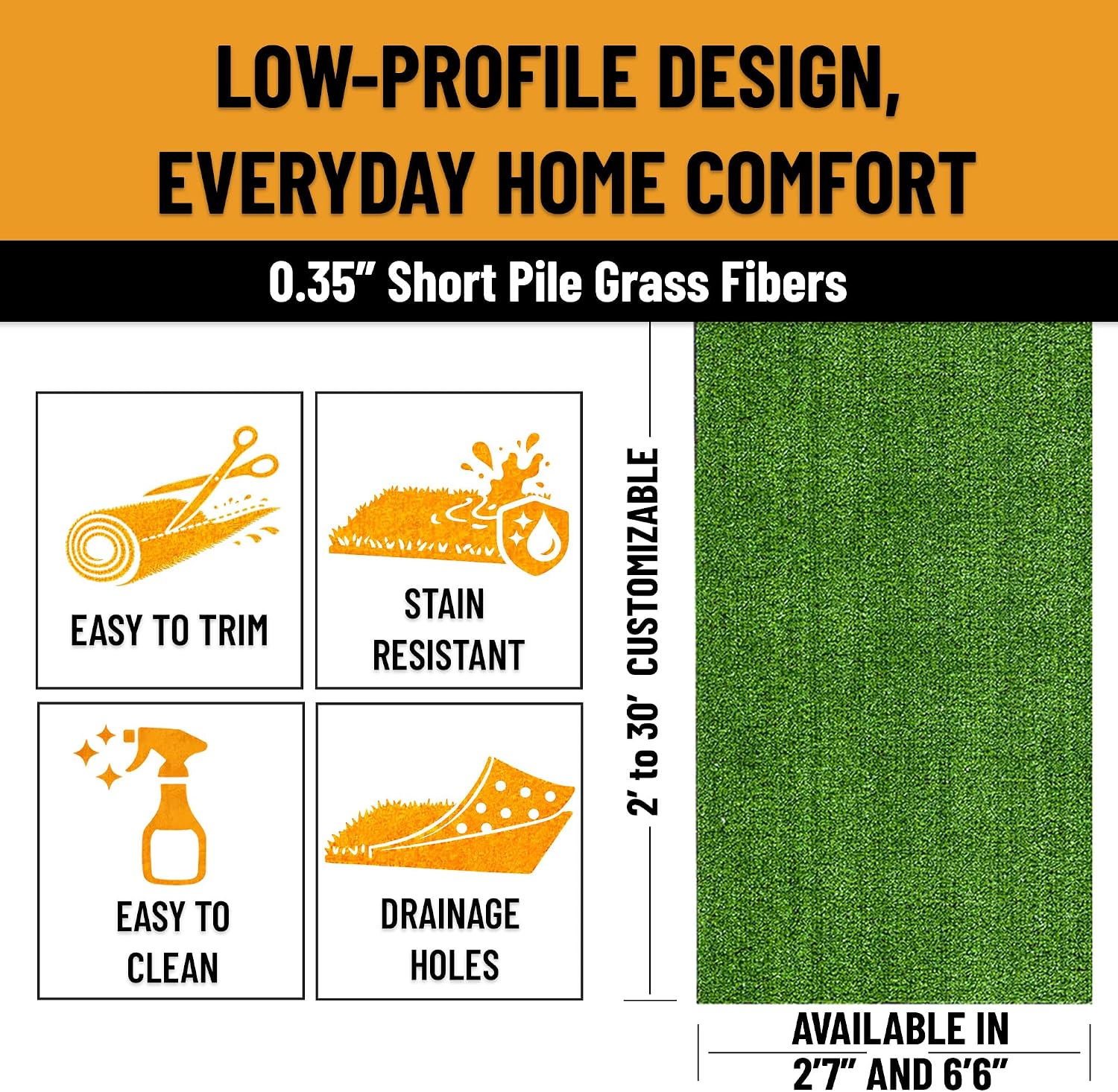 Ottomanson Artificial Grass Outdoor Rug for All-Weather Use, UV Fade Resistant Faux Turf with Drainage Holes, 3'11" x 6'7"