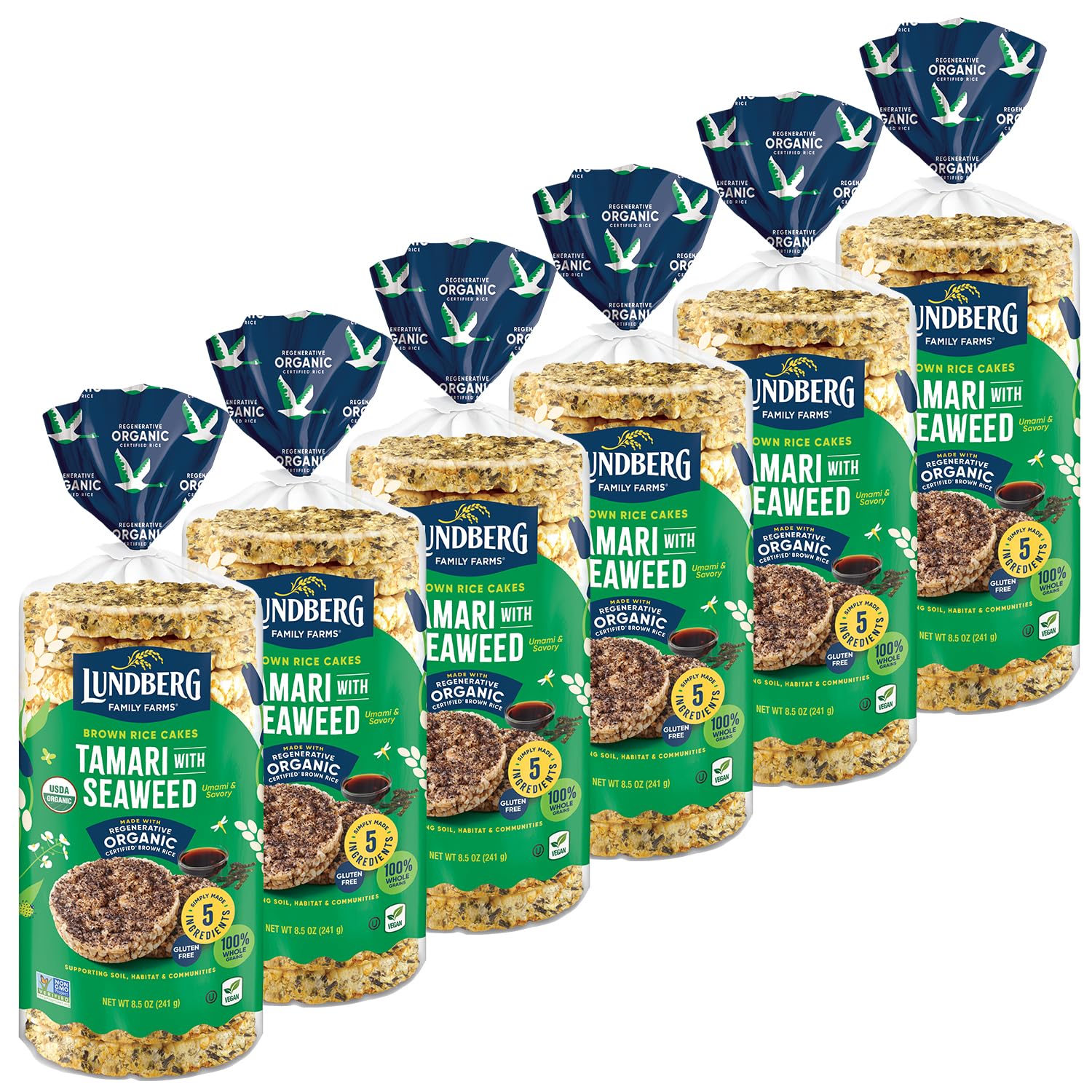Lundberg Rice Cakes, Organic Tamari with Seaweed, 6-Pack – Regenerative Organic Certified Rice Cakes, Healthy Snacks, Gluten-Free & Vegan, 8.5 Oz Ea