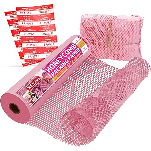 Pink Honeycomb Packing Paper for Moving 12-Inch x 66-Feet Bubble Honeycomb Wrap, Honeycomb Wrapping Paper for Packing Cushion with 20 Fragile Stickers Packing Supplies by Xfasten