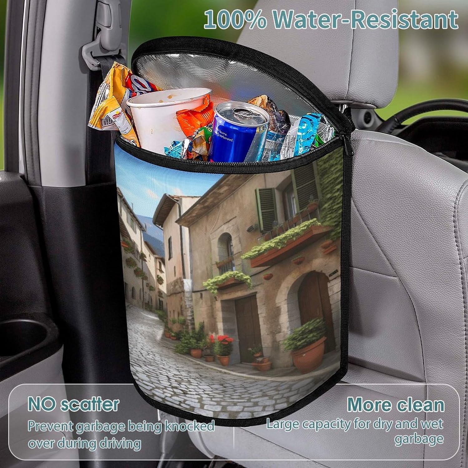 Italian Town Street Car Trash Can 5.4 Gallon Smell Proof Hanging Car Garbage Bag with Lid Multipurpose Vehicle Garbage Organizer Cars Trash Bag for Outdoor Travel Home Use