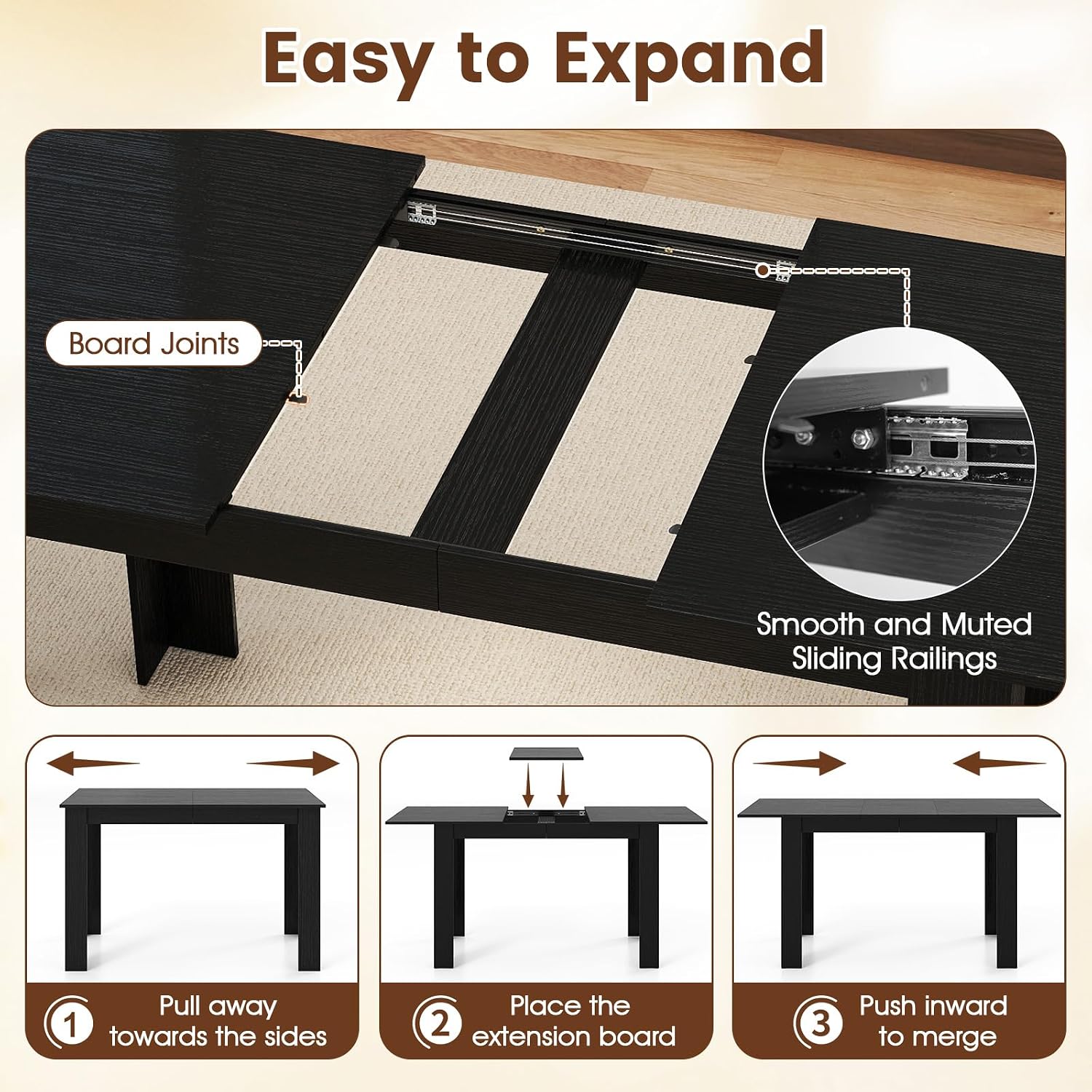 Diagram showing the steps to extend the dining table: pull sides apart, place extension board, push together