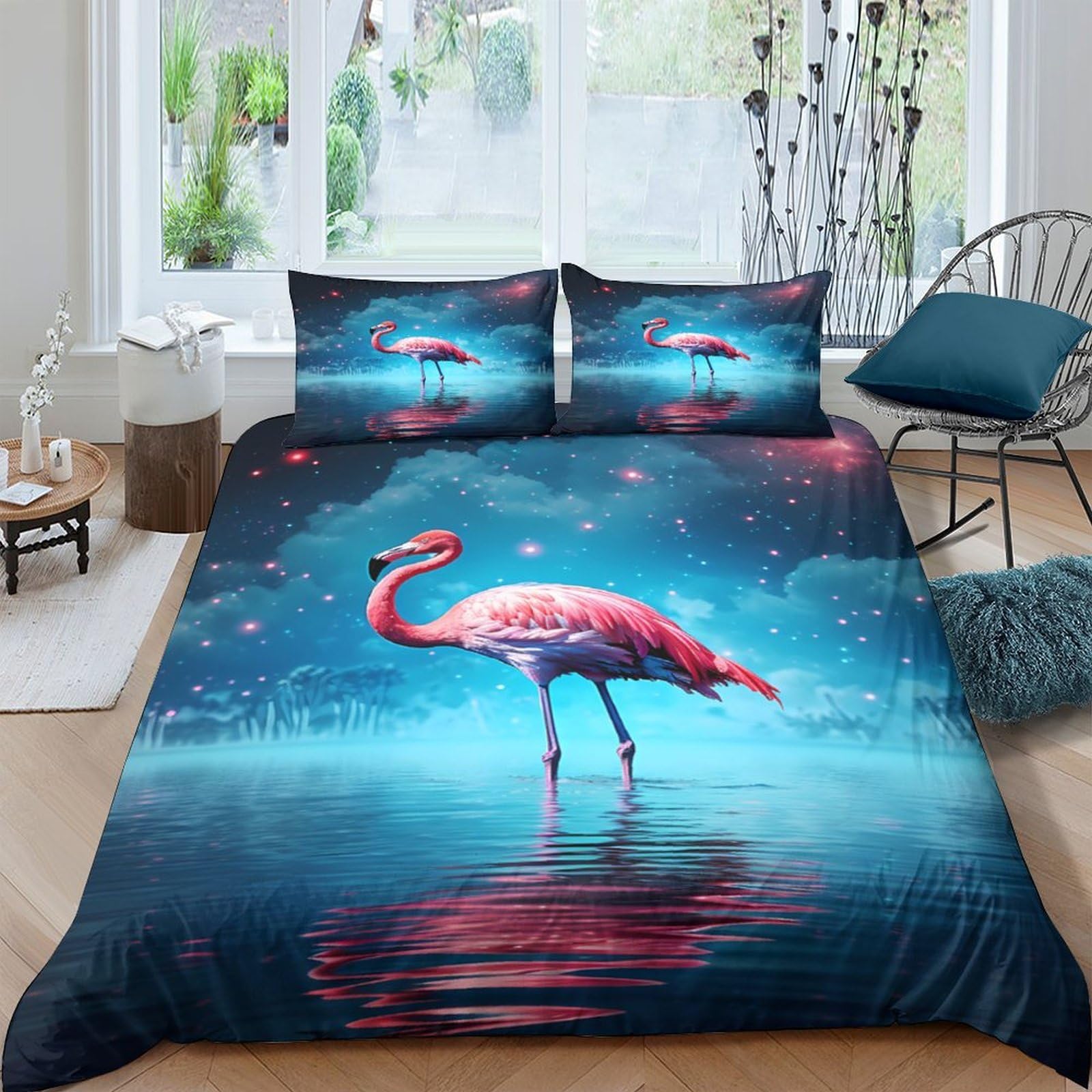 Ctjqhvkz Style-4 3D Printed Pink Flamingo Fitted Sheet Microfiber Soft Blue Lake Reflection Mattress Cover For Bedroom Dorm Protector Decor Single（135X200cm）
