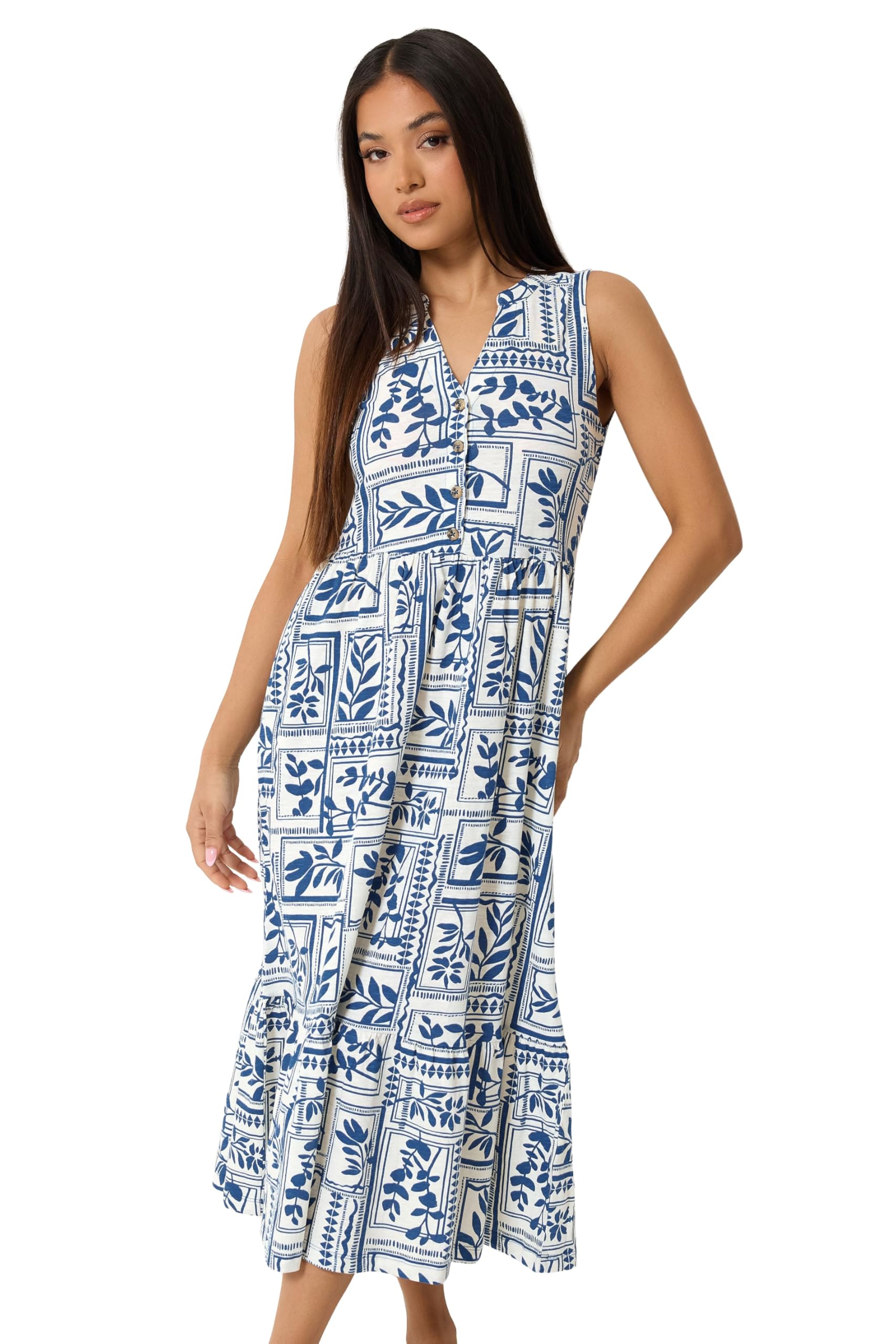 M&Co Petite Leaf Print Sleeveless Cotton Midi Dress - Women's Blue