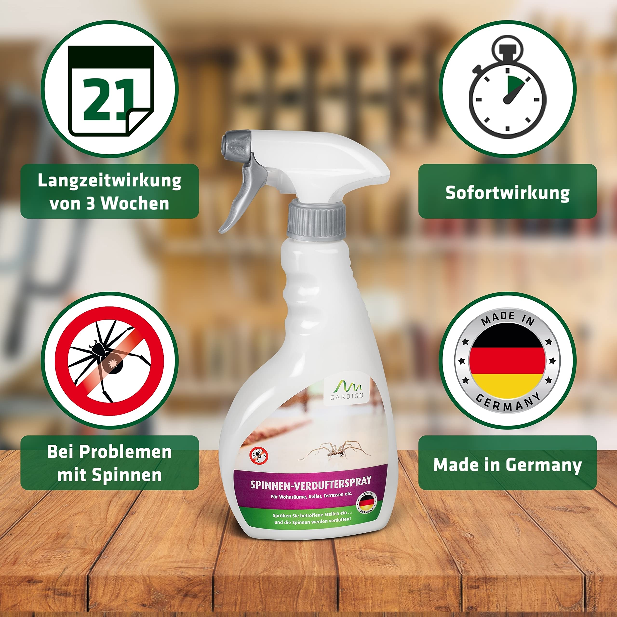 Gardigo Spinnenvertreiber Spinnenspray | Insektenspray zur präventiven Spinnenabwehr | Made in Germany | 500ml | Eukalyptus-Citriodora-Öl | Spinnen Spray für Küche Schlafzimmer Badezimmer Keller