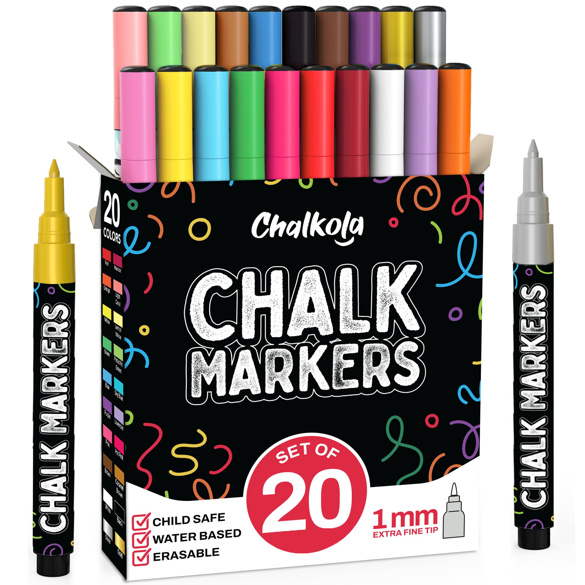 Chalkola 20 Extra Fine Tip Liquid Chalk Markers for Blackboard (1mm, Neon, Pastel, Metallic Dry Erase Marker) | Washable Chalk pens for Chalkboards, Window, Car, Glass - Erasable Chalkboard Markers