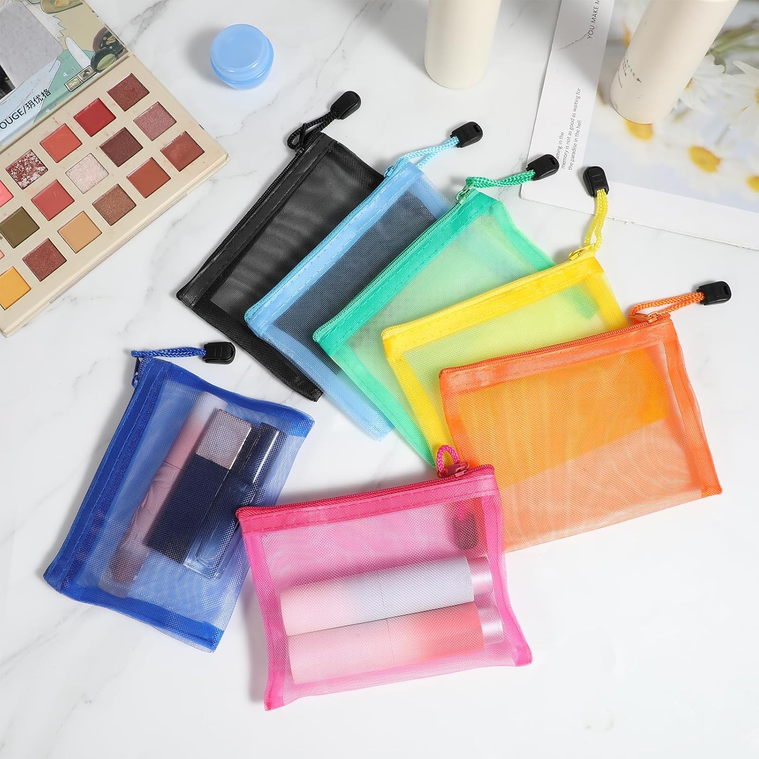 6 PCS Nylon Mesh Zipper Cosmetic Bags Mini Nylon Coloful Mesh Pouches Meshs Makeup Pouch Nylons Makeup Pouches Bag Travel Organizer Case Purse Organizers for Earphones Lipstick Cosmetics (5 X 4 Inch)
