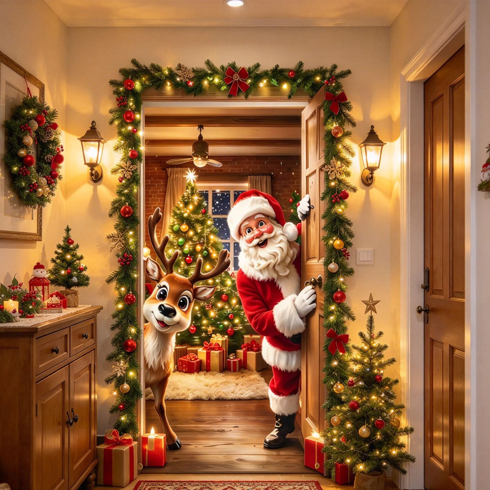 Christmas Door Cover Santa & Reindeer Door Decoration, Christmas Doorcover with 4-Side Elastic, For Home, Bedroom, Office Holiday Party (#B)