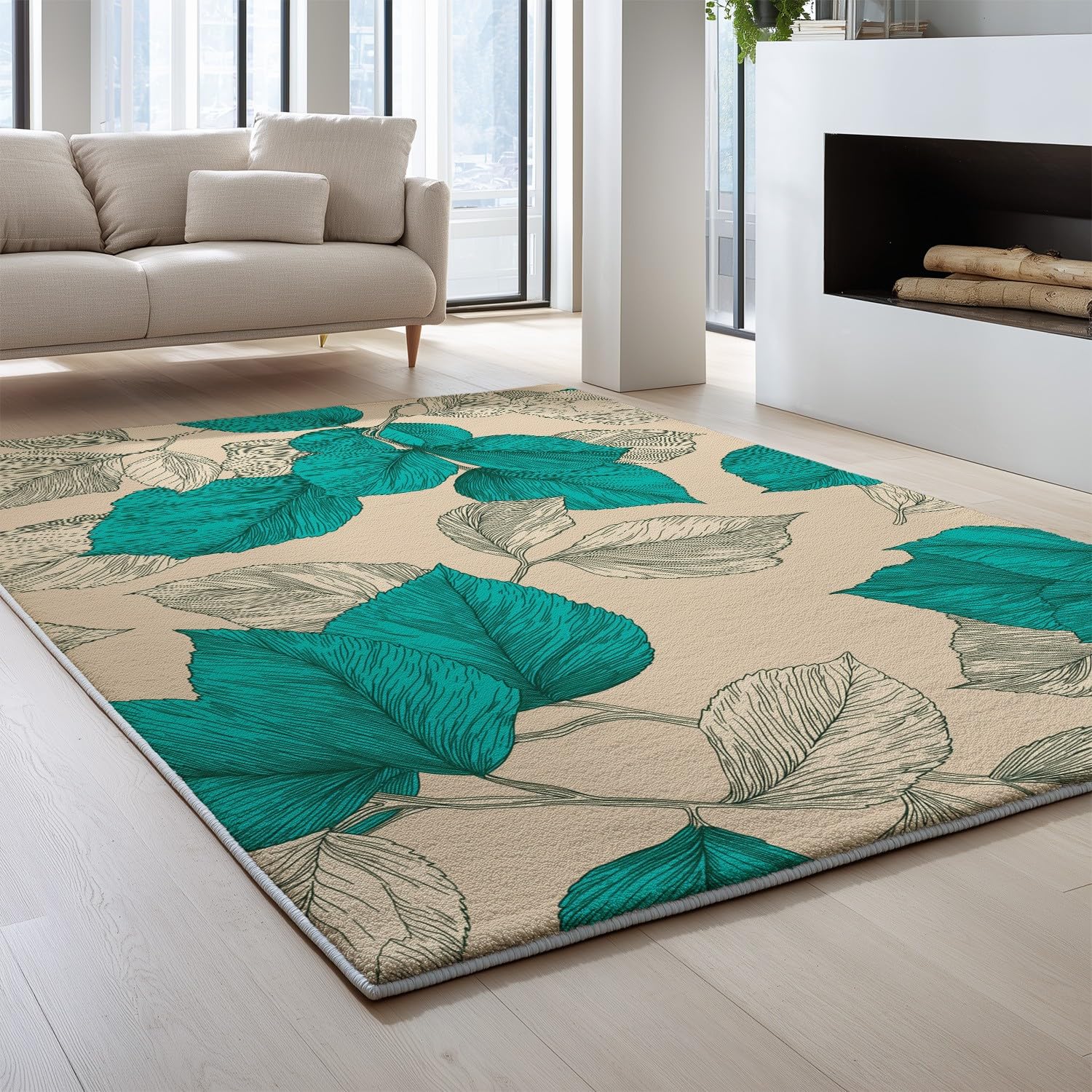 Ogólny, wykwintny kwadratowy dywan flanelowy 160 x 230 cm – nadaje się do prania i antypoślizgowy, nowoczesny, minimalistyczny dywan w liście, do sypialni, biura lub jadalni, beżowy, cyjan