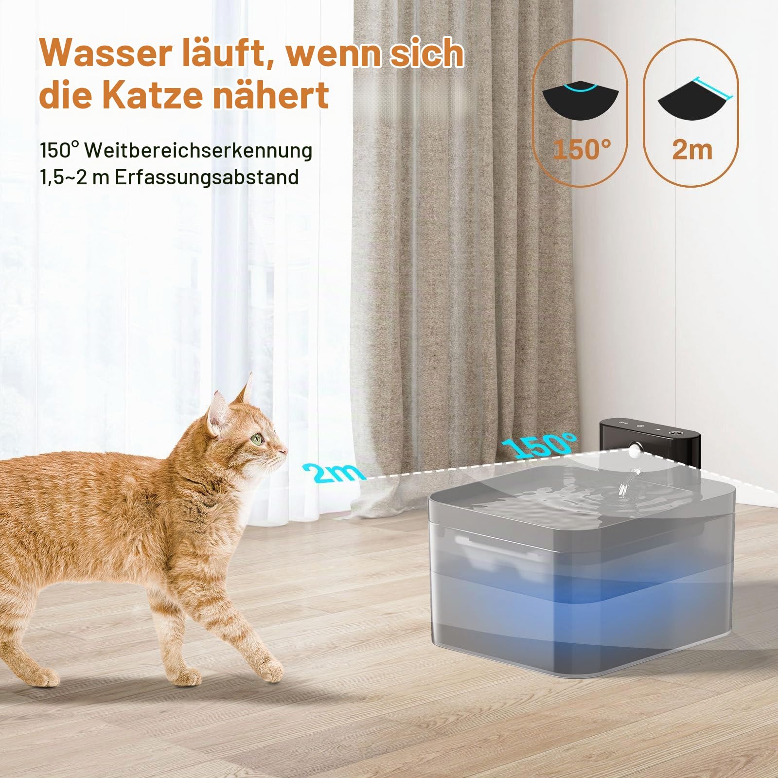 NordFlow 2.0 Katzenbrunnen Edelstahl Katzenbrunnen 3,2 L – Kabelloser Wasserspender mit Bewegungssensor, leiser Pumpe, BPA-frei und einfach zu reinigen