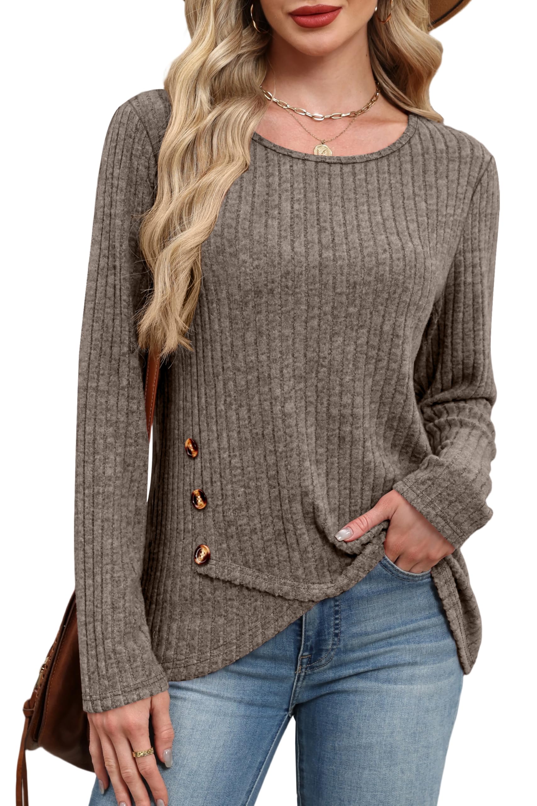 XIEERDUO Tunic Sweaters for Women Long Sleeve Shirts Crew Neck Tops with Buttons Fall Fashion Outfits Winter Clothing