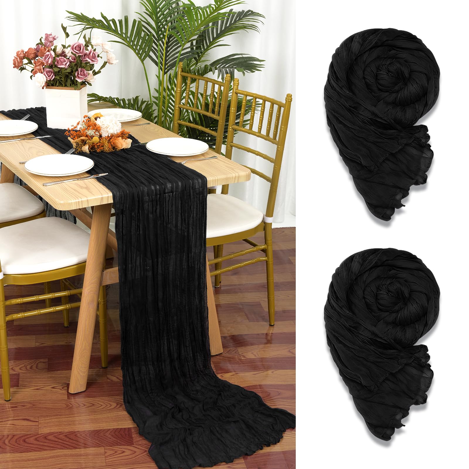 YMHPRIDE 2 Packs Cheesecloth Table Runner Black, 55x300cm Rustic Gauze Fabric Boho Table Runner, Cheesecloth Wedding Table Decor for Wedding Party Bridal Shower Table Decorations