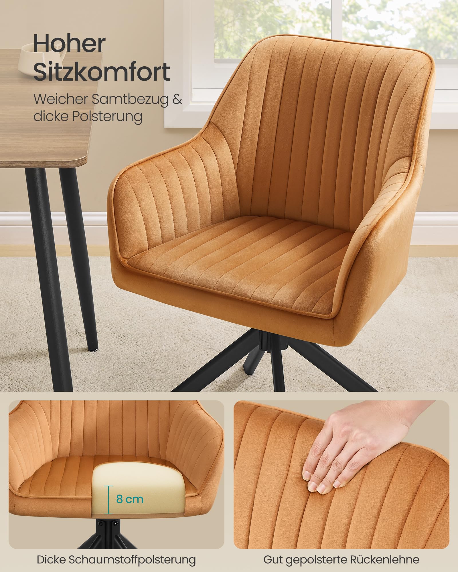 SONGMICS Esszimmerstuhl, bis 120 kg belastbar, Küchenstuhl, Sessel drehbar, Samt, Polsterstuhl mit Armlehnen, Stahlbeine, für Esszimmer, Küche, 2er Set, karamellbraun-tintenschwarz KDC161K01V2-2J
