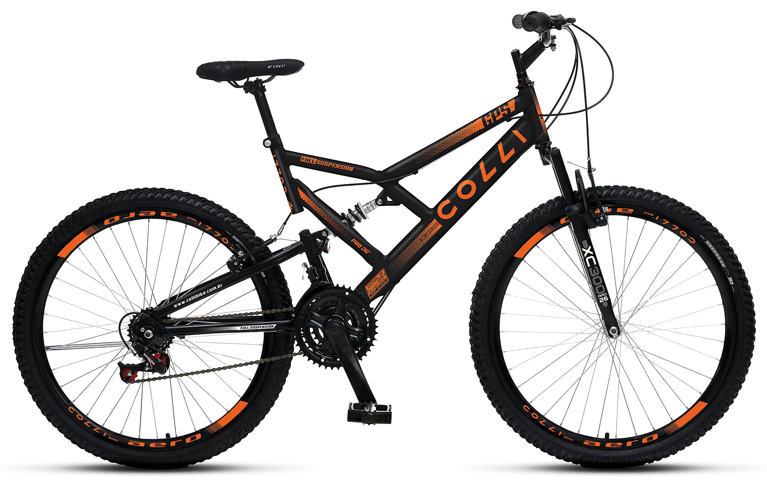 Colli Bike, Bicicleta GPS 148 Dupla Suspensão e Freios V-Brake, Aro 26 Aero, 36 Raias, 21 Marchas - Preto Fosco com Laranja Neon