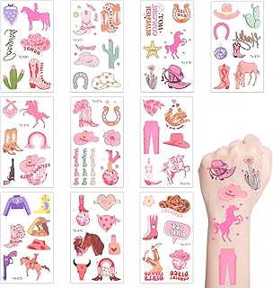 10 Sheets Pink Cowgirl Temporary Tattoos, 65 Patterns Retro Pink Bachelorette Temporary Tattoos Rodeo Temporary Tattoos Bach Party Favors Birthday Party Tattoos for Girl