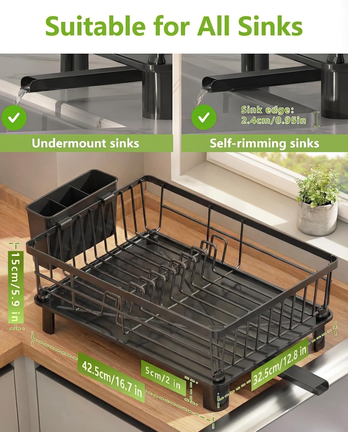 Dish Drying Rack for Kitchen Counter,Stainless Steel Drainers Rack with Detachable Cutlery Holder,Automatic Drainage System,Anti-Rust Dish Strainer Ideal for Families and Home