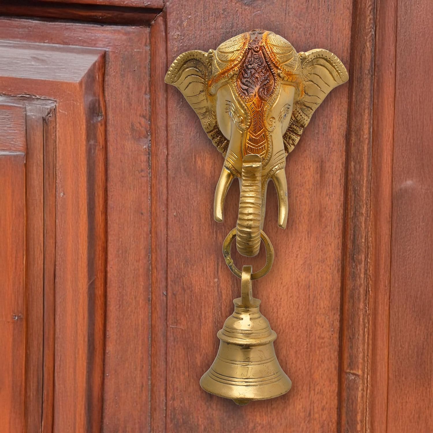 NAMS Brass Elephant Face Front Door Hanging Antique Collectible Decorative Entry Accent for Main Door, Home Entrance & Office Gate | Auspicious Vastu Bell for Good Vibes & Blessings (25 x 14 x 11 cm)