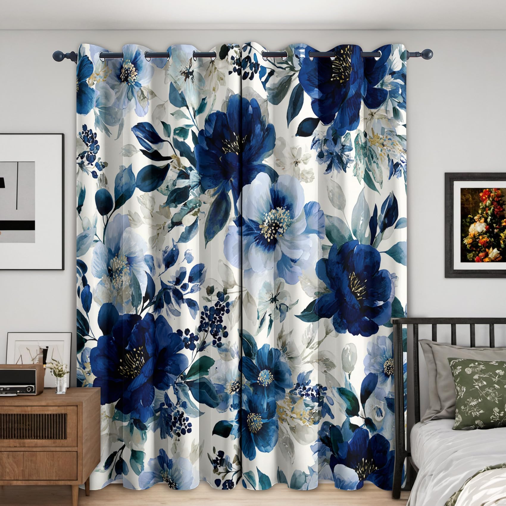 Generisch Blickdichte Vorhänge Aquarell Blume Muster, H 160 x B 140 2er Set - Blaue Blume Natur Fenster Gardinen mit Ösen, 160 cm Lang Curtains Wohnzimmer Schlafzimmer Deko S&ZA-85