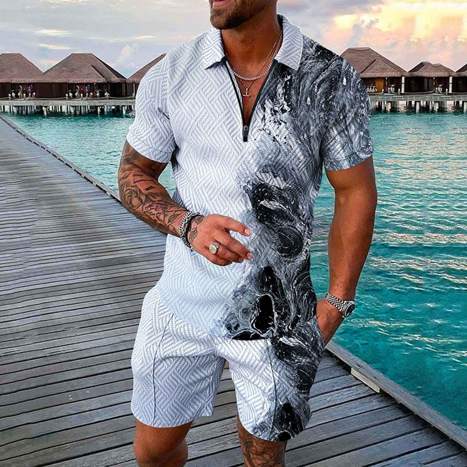 Sportanzug Herren Sommer Drucken Trainingsanzug Atmungsaktives Golf Shirts Set Freizeitanzug Poloshirts und Sportsshorts Lose Wanderanzug mit Reißverschlus Streetwear für Outdoor