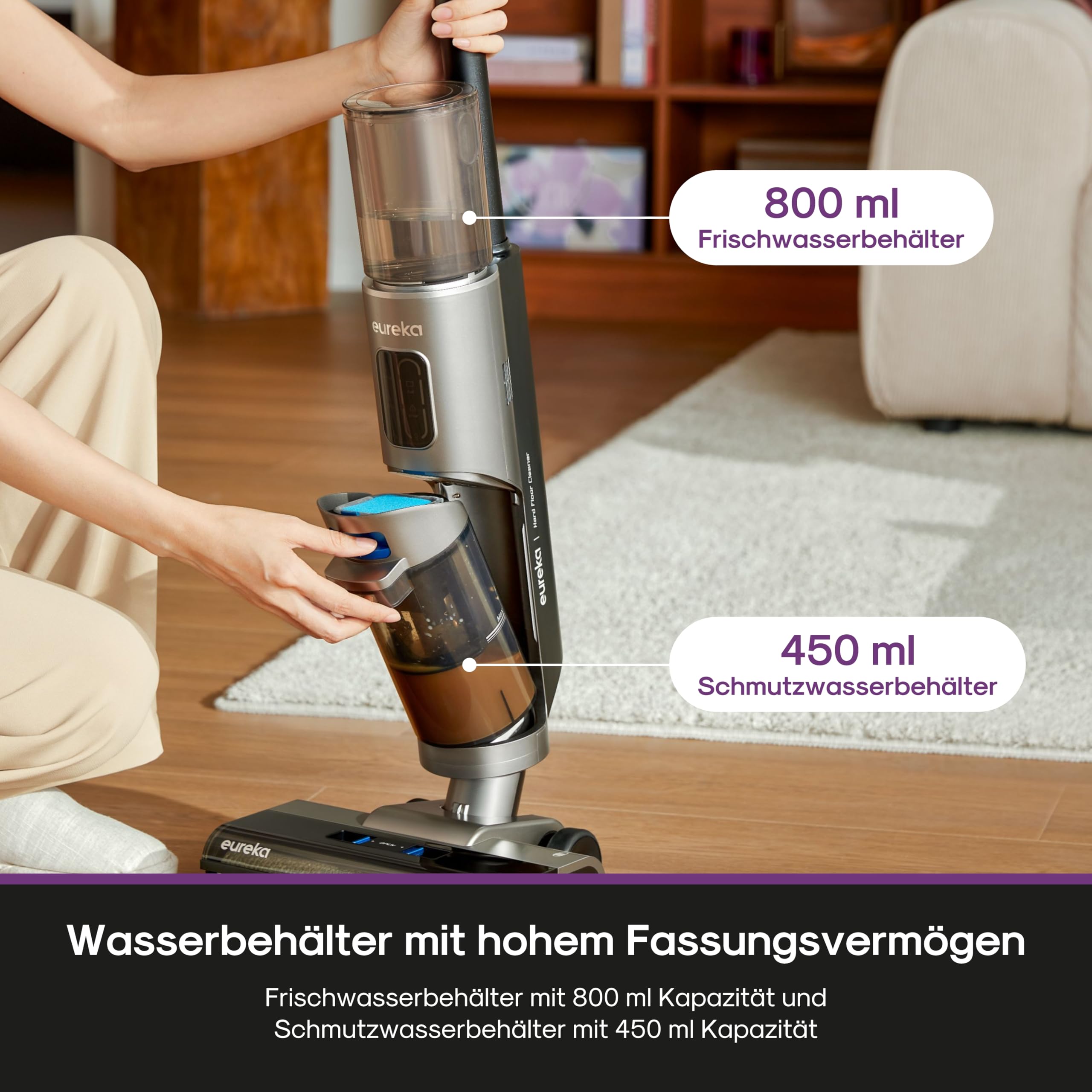 Eureka Rapidwash NEW430 Kabelloser Nass Trockensauger Polsterreiniger, mit Wischfunktion für mehrere Oberflächen, Tierhaare,LED-Display,Selbstreinigungs- und Trockenfunktion, Sprachnavigation