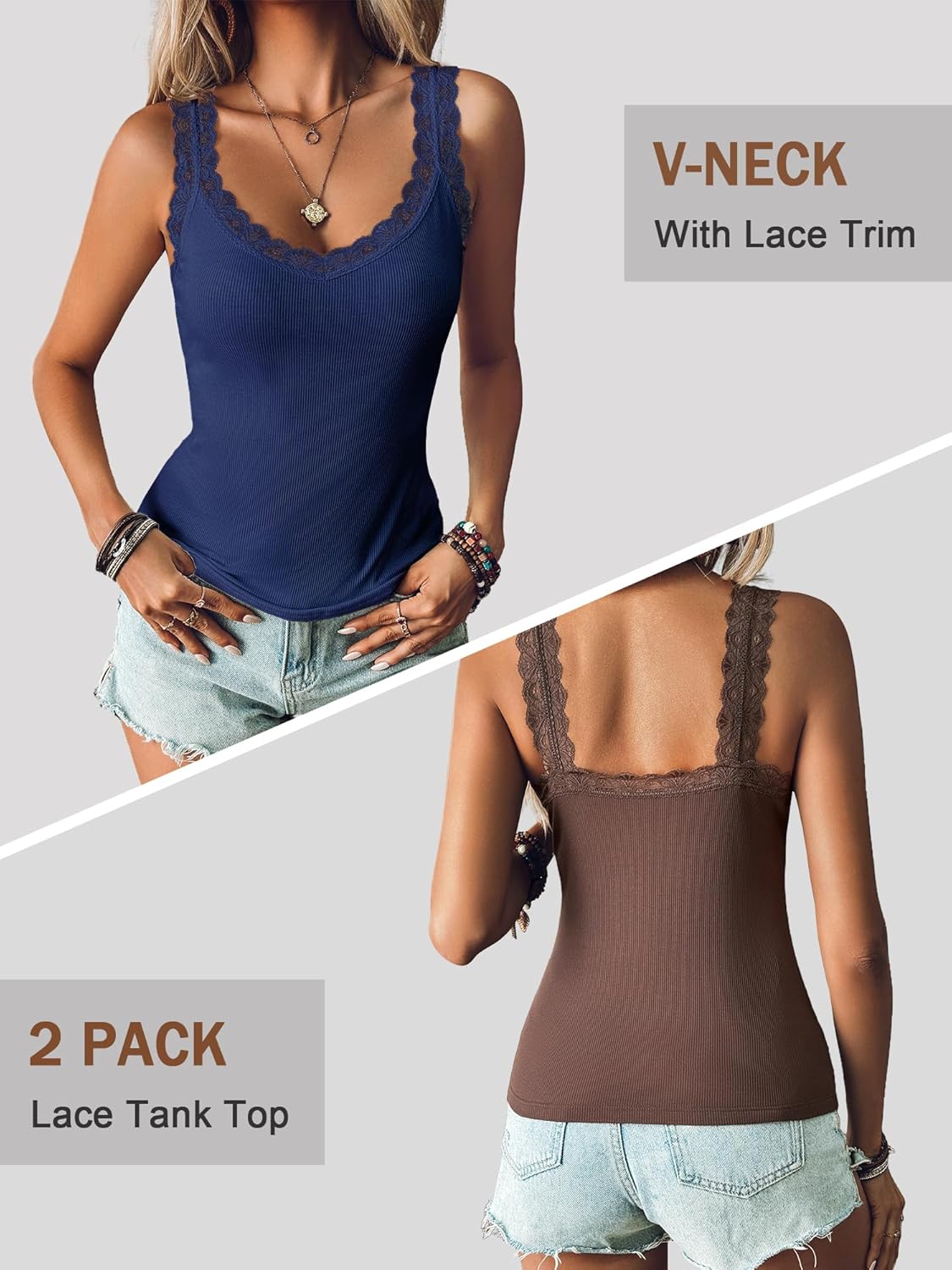 Ibeauti 2 Pack Lace Camisole Tank Tops for Women Sleeveless Summer Going Out Tops Ribbed Cami Undershirts - Image 4