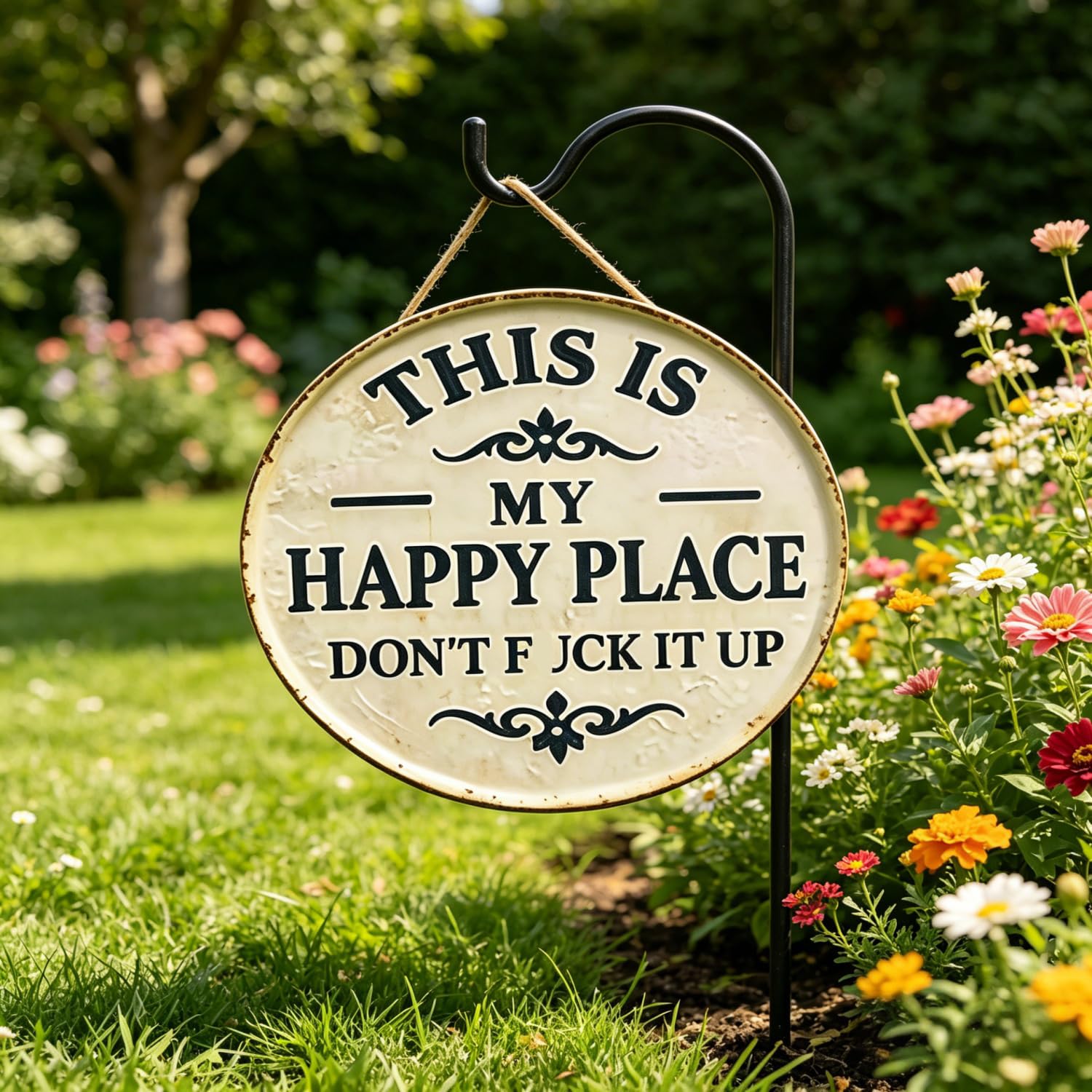 This is My Happy Place Sign,“This is My Happy Place Don’t FXXK It Up” Round Garden Wall Decor,Funny Garden Metal Sign,Outdoor Terrace Hanging Sign,for Front Door (Large(16 inch)) — view 6