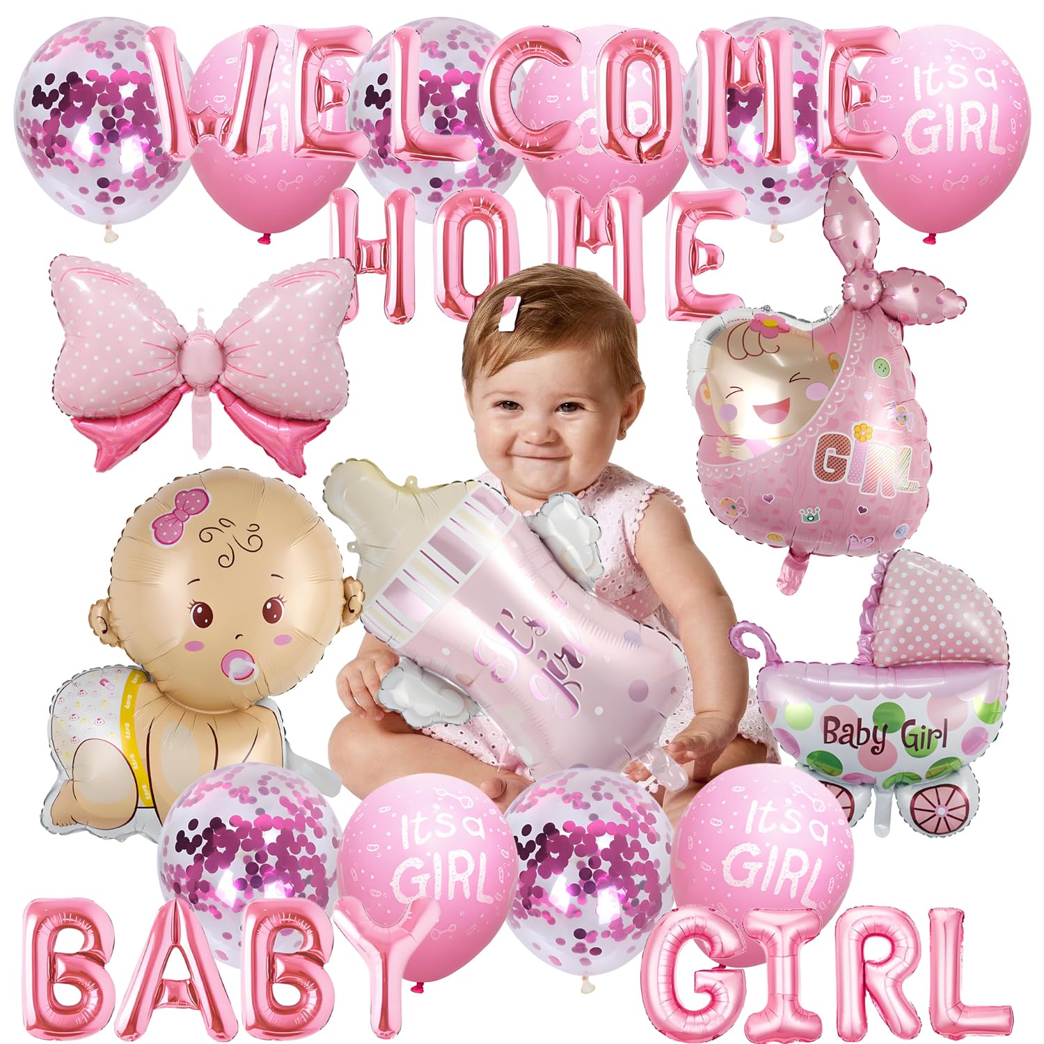 Set Decorazione Benvenuto A Casa Per Bambina Ovanda – Palloncini E Striscione Rosa, Oro Rosa E Bianco