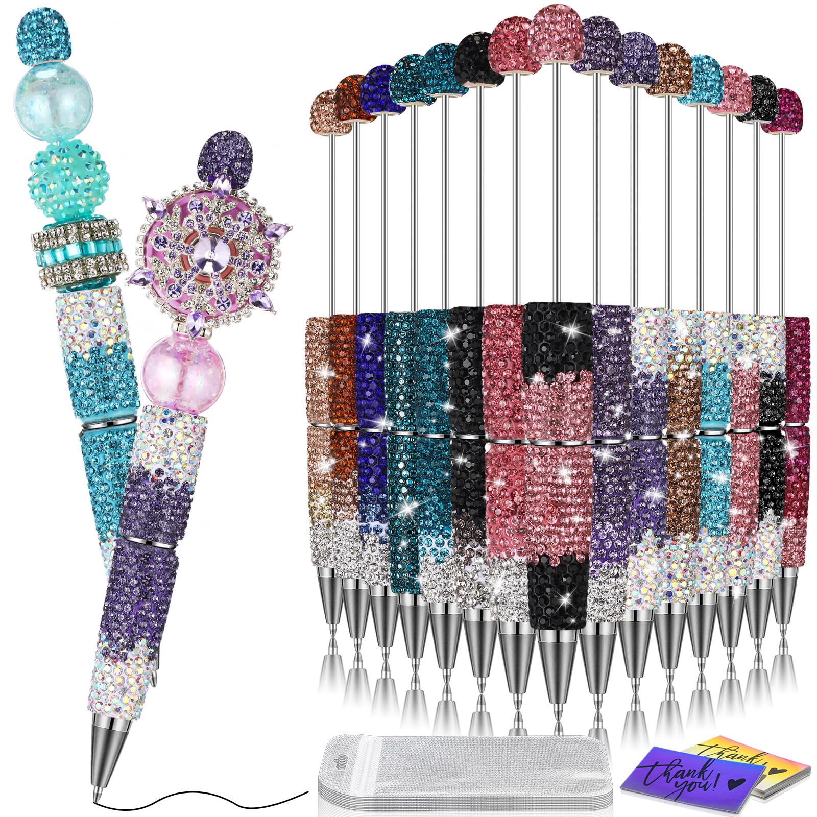 Tondiamo 45 Pcs Full Rhinestone Beadable Pens Bulk Set 15 Glitter Diamond Pens with Cards & Bags Fancy Beaded Pen for Beads DIY Cute Journalling Bling