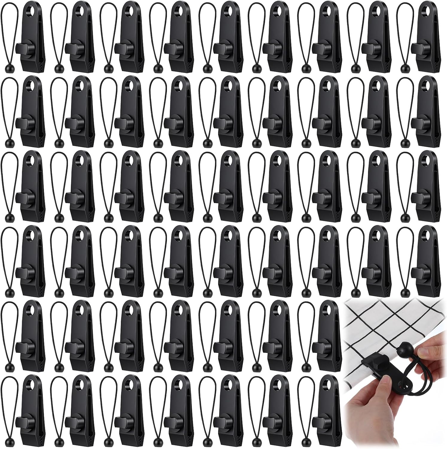 50 Pcs Tarp Clips Heavy Duty and Ball Bungee Cords Tarp Clamps Tent Fasteners Clips Holder for Swimming Pool Cover Awnings Outdoor Camping Caravan Canopies Car (Black)