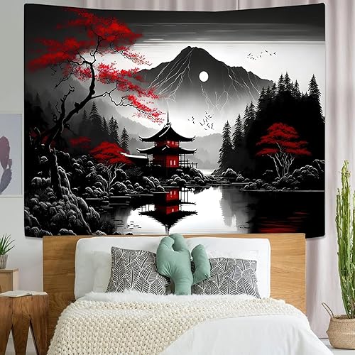 Miniatura 10 de FENDROM Tapiz de anime japonés antiguo japonés nocturno urbano paisaje, farol rojo de flor de cerezo para colgar en la pared para sala de estar,