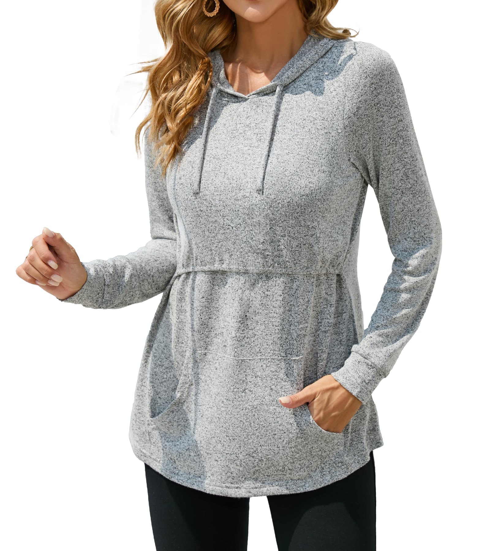 Sosolism T-Shirt à Manches Longues pour Allaitement Sweatshirt d'hiver à Capuche avec Poche Pull de Maternité pour Tire-Lait