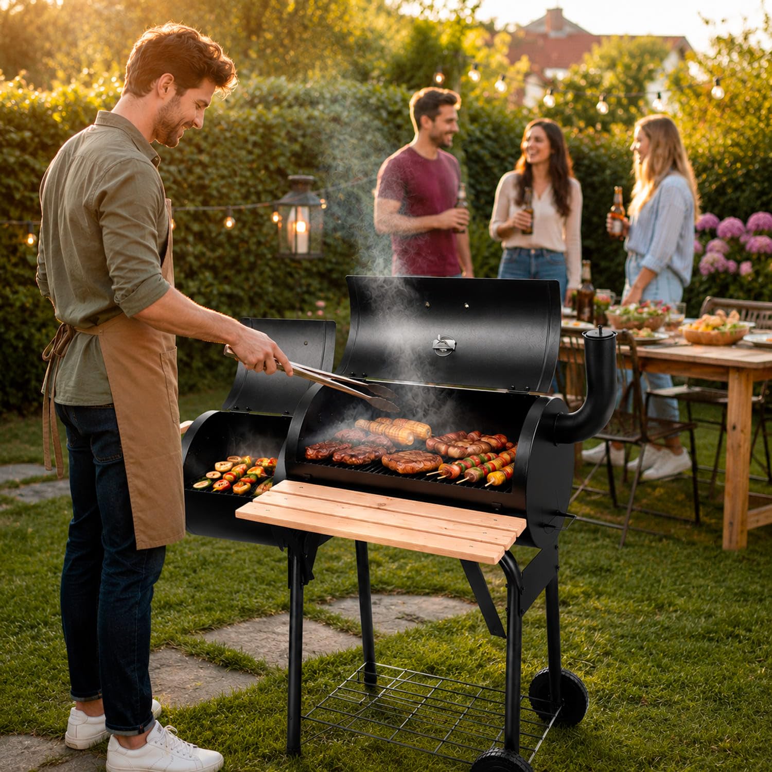 Barbecue A Carbone Con Affumicatore Laterale BBQ Con Termometro Integrato Griglie Cromate Ripiano E Maniglie Griglia In Legno Ruote Per Giardino E Terrazzo 109.5 X 59 X 116 Cm Nero