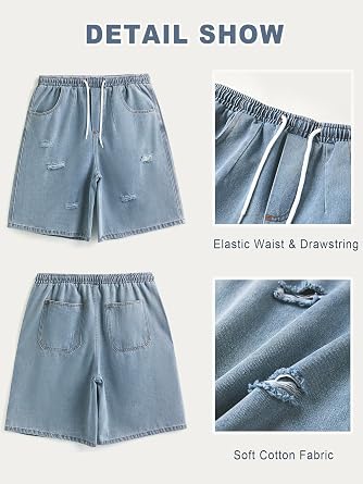 EMMIOL Baggy Jean Shorts Men, Y2k Jorts Cargo Ripped Elastic Waist, Mens Denim Shorts Comfy Casual Streetwear Summer