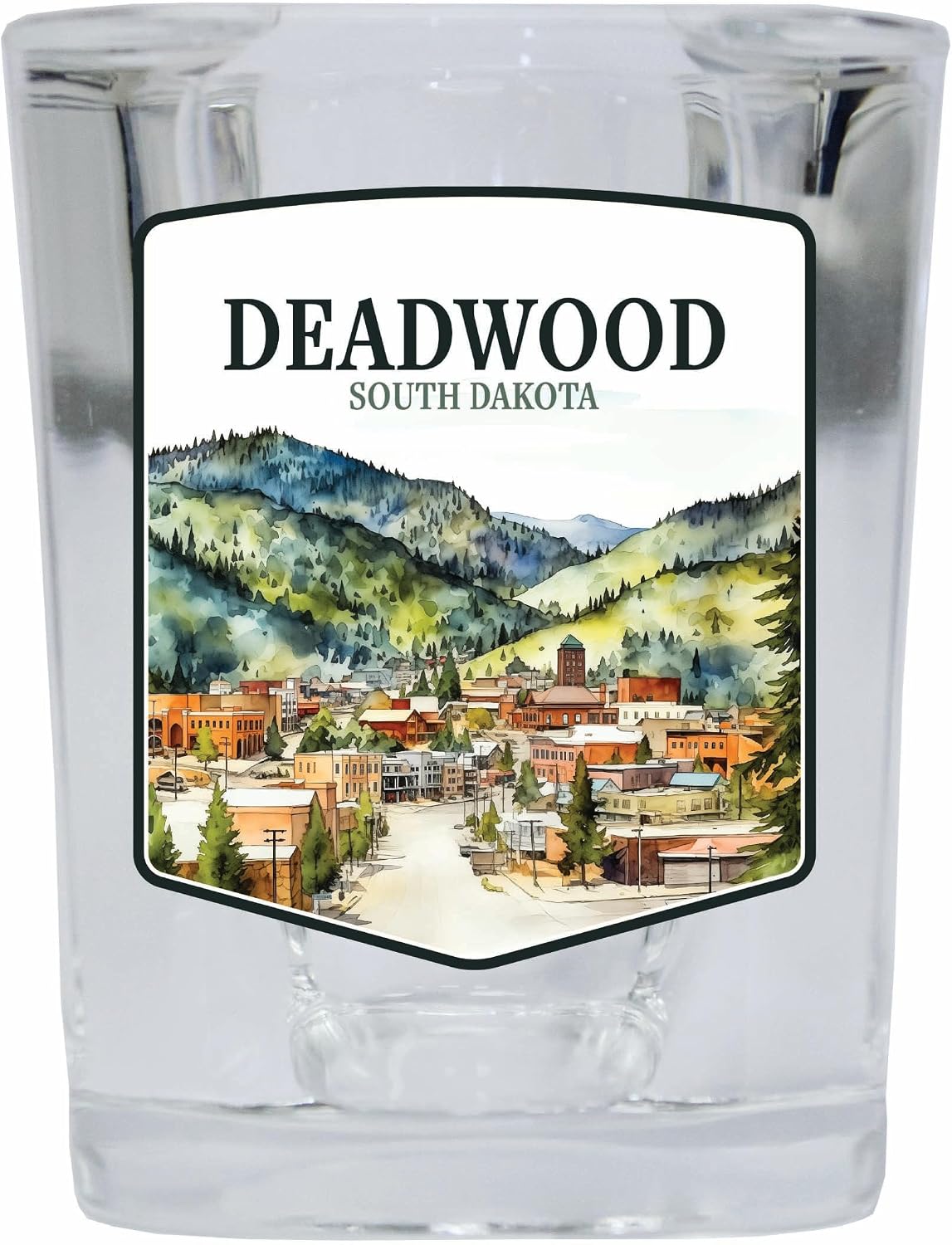 Deadwood South Dakota Watercolor Cityscape Design Souvenir 2 Ounce Shot Glass Square 4-Pack