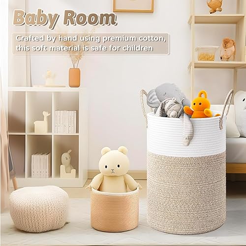 Miniatura 3 de Artfeel Cesta de lavandería de cuerda de algodón tejida, 60 litros para almacenamiento decorativo de ropa sucia, juguetes y mantas en el baño,