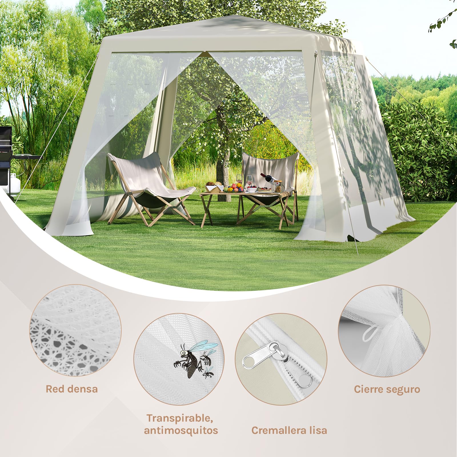 WOLTU Pérgola Plegable de Jardín con Techo y Paredes de Malla - Pabellón Cenador 3x3 m para Exteriores, Camping, Playa - Tela Oxford, Beige