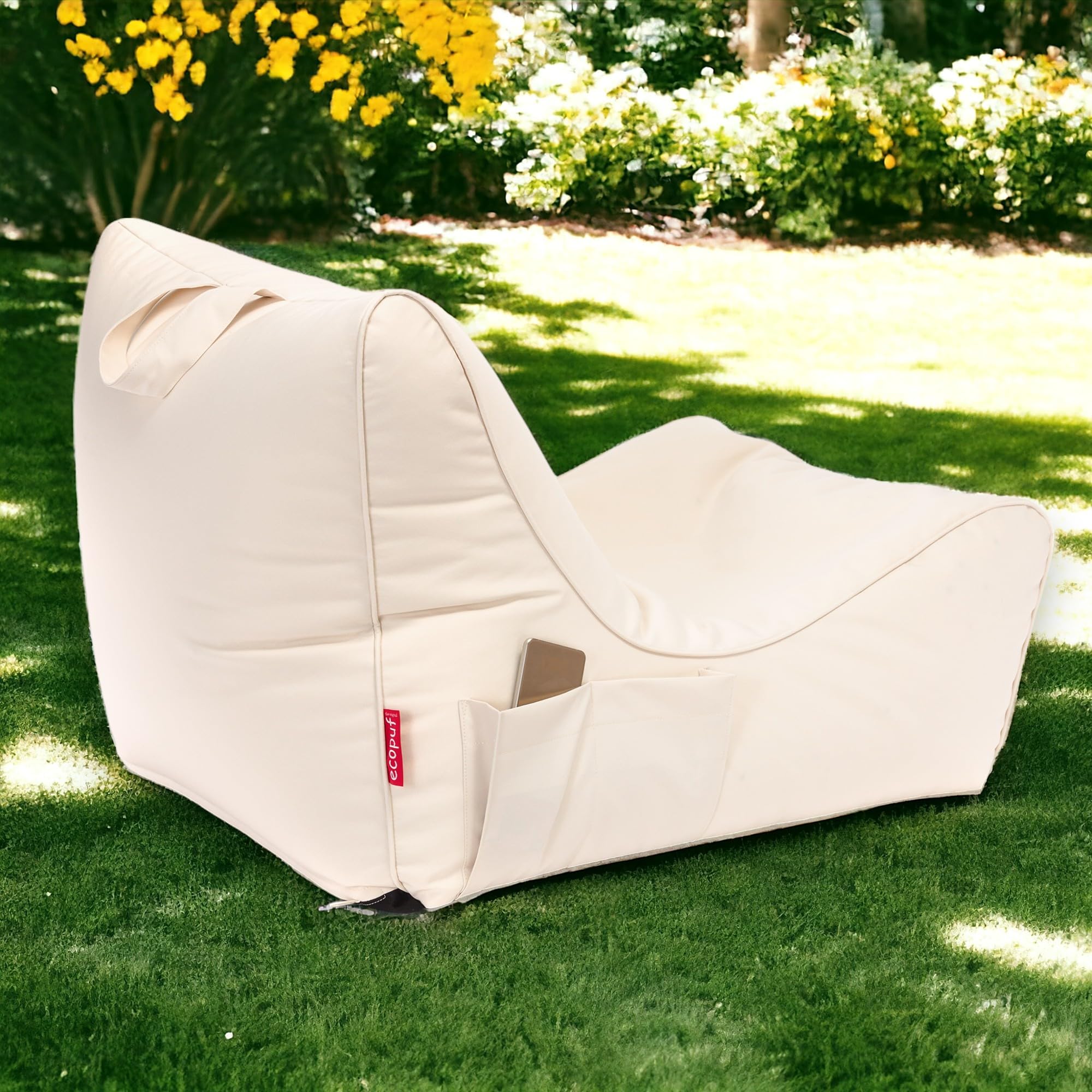 Ecopuf Pouf Armchair Sack Chaise Longue Waterproof Outdoor Cream with Storage Pocket and Handle