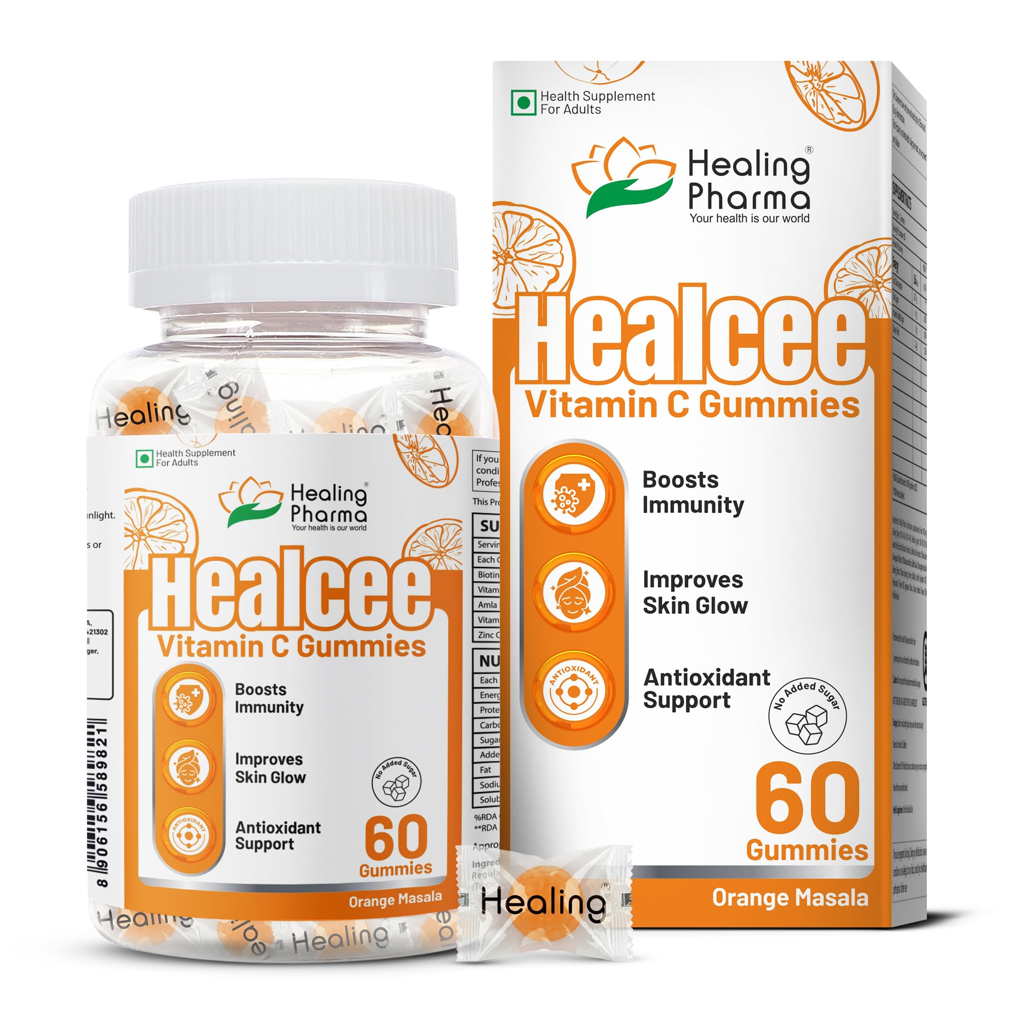 Healing Pharma - Healcee Vitamin C Gummies with Zinc & Amla Extract for Adults | Boosts Immunity, Improves Skin Glow & Antioxidant Support | Gluten-Free & No Added Sugar | 60 Gummies (Orange Masala Flavoured)-image-32