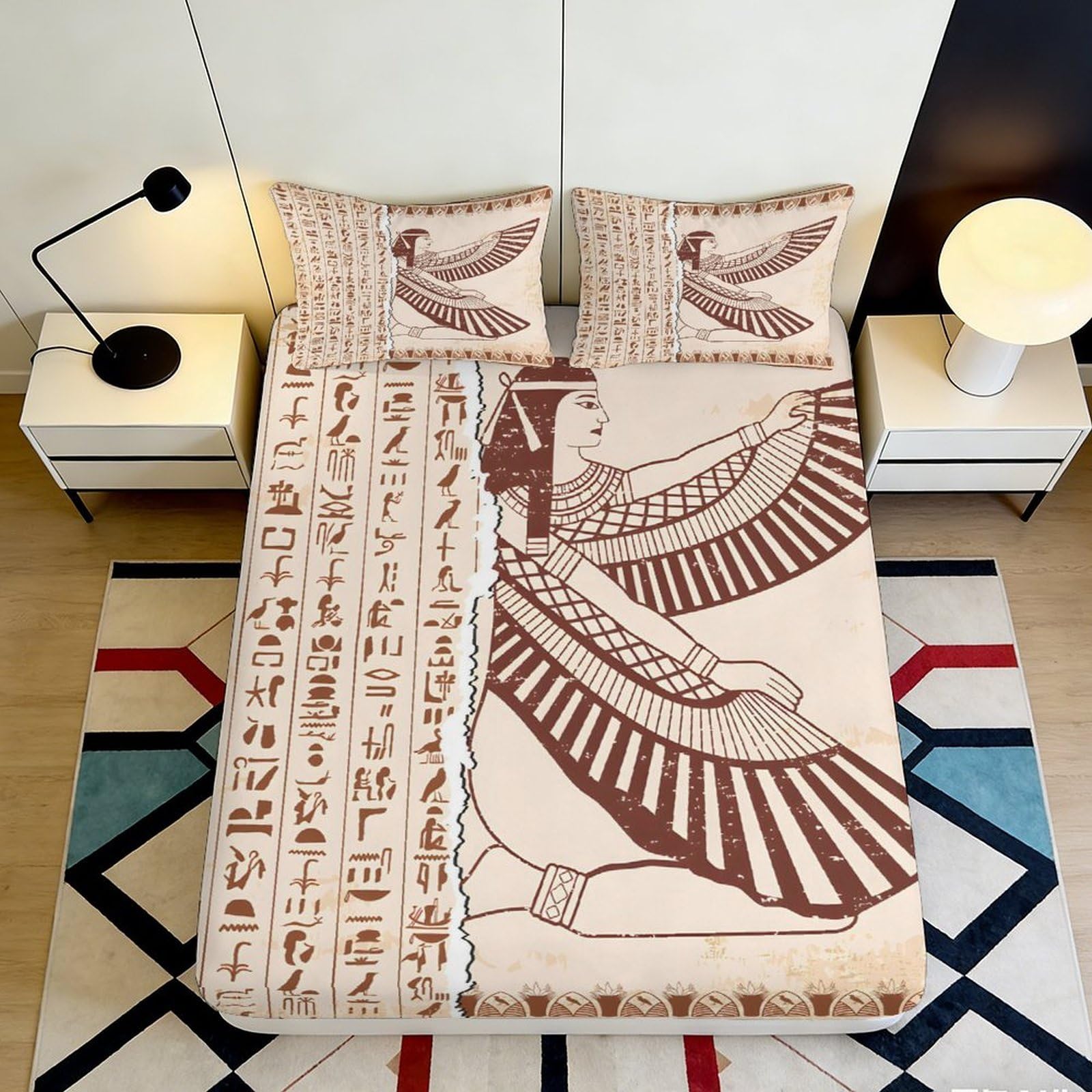 3D Printed Egyptian Goddess Fitted Sheet Microfiber Soft Breathable Hieroglyph Mattress Cover Bedroom Decor 90x200x25cm