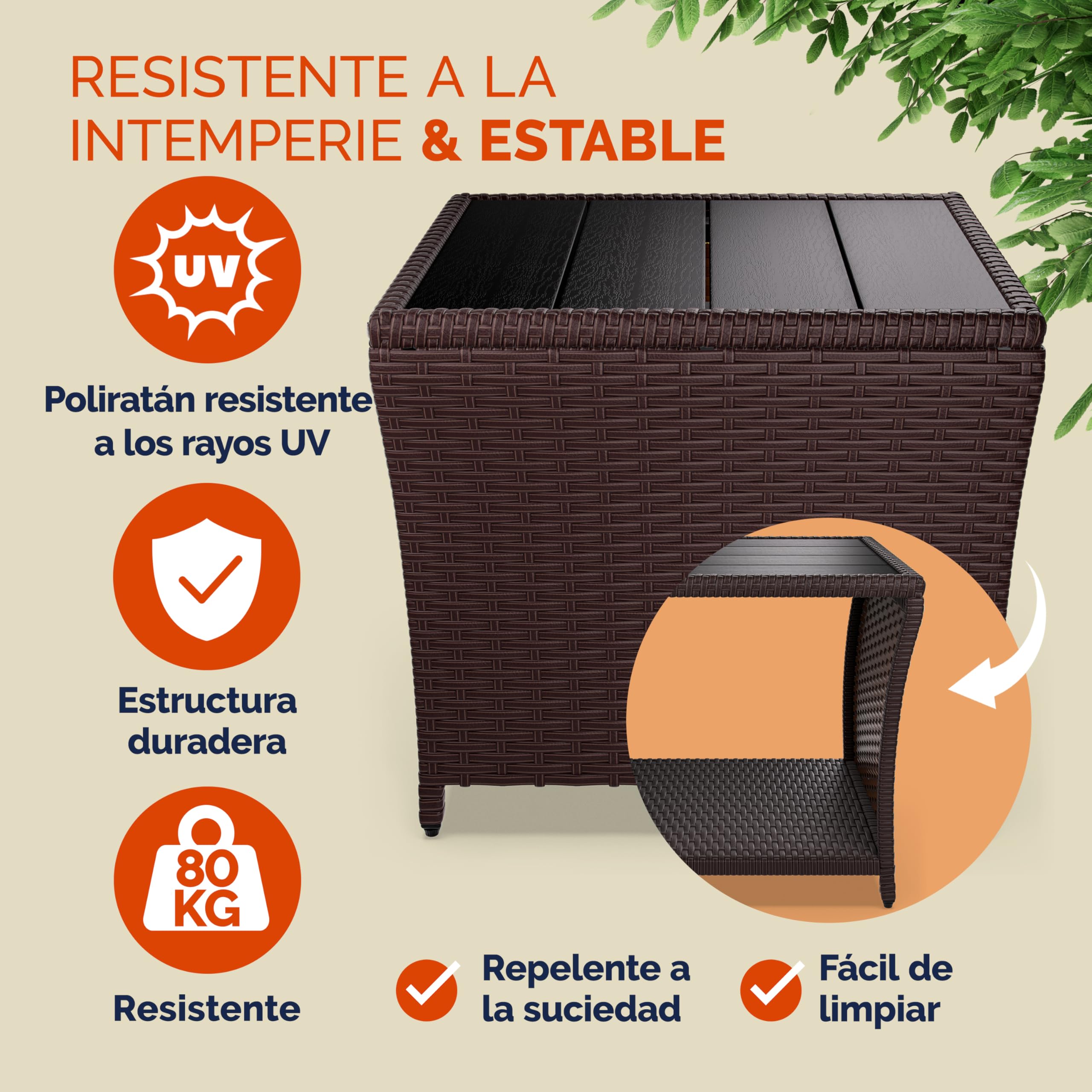 CASARIA Mesita Auxiliar de Poliratán Balcón Jardín 45x45x40cm Tablero WPC Mesa Altura Ajustable Marrón