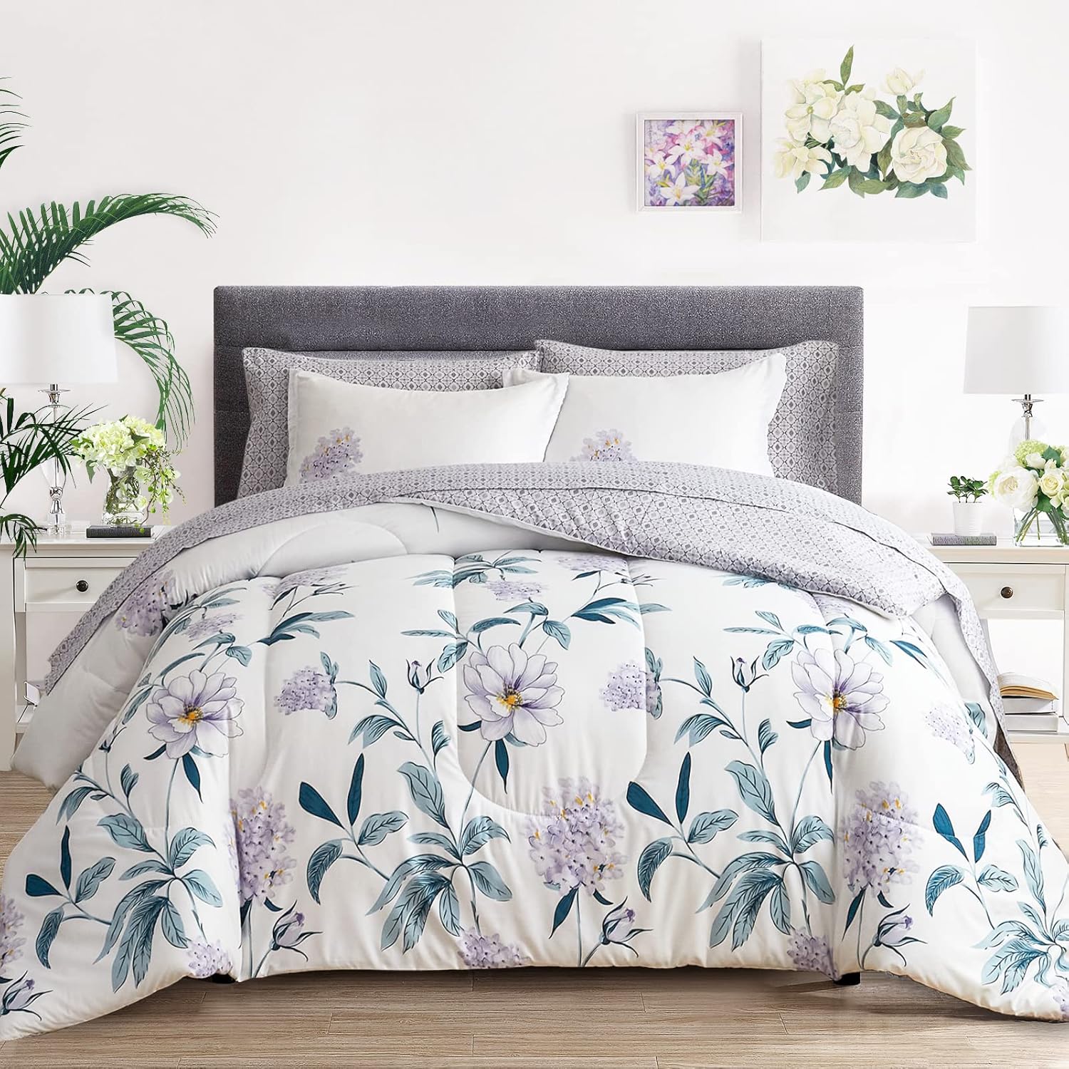 Joyreap 7 Piece Floral Bed in a Bag Queen, Flower on White